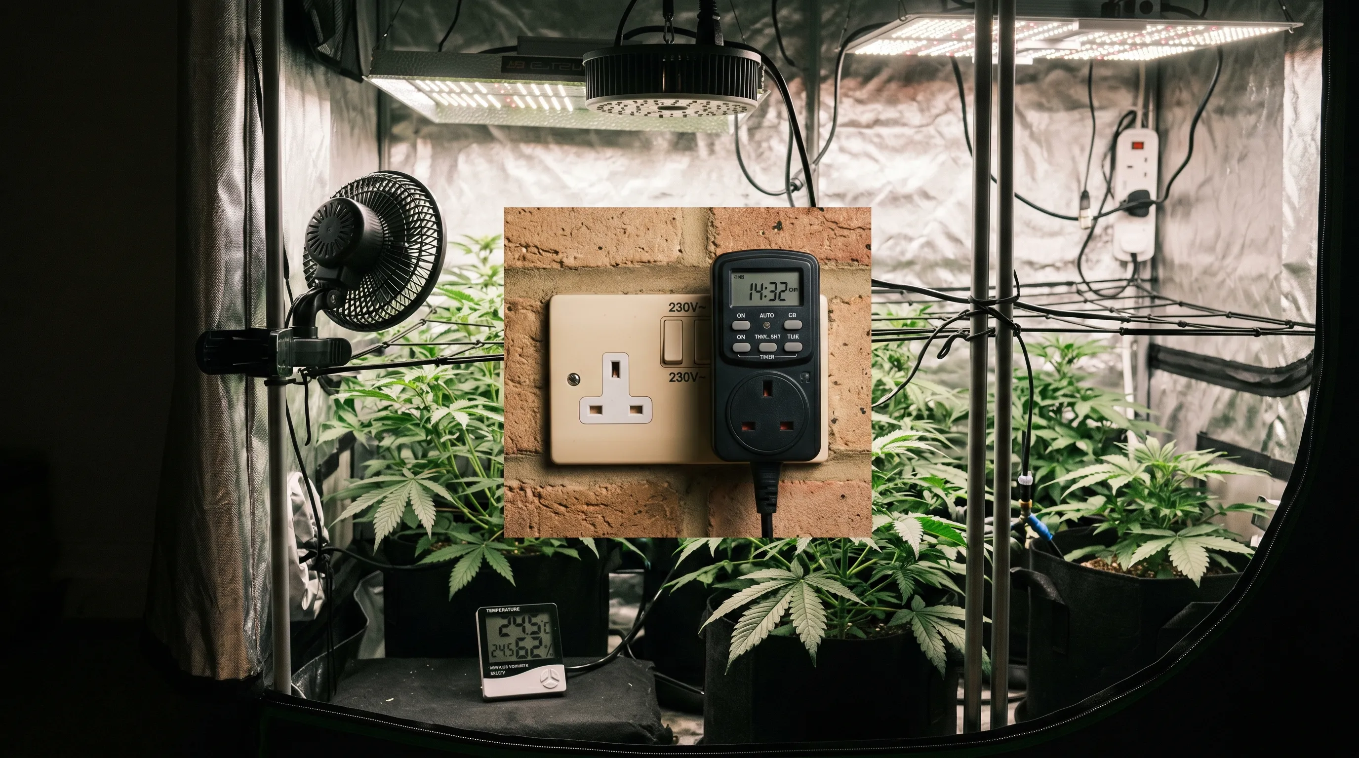 A UK indoor grow tent setup showing a digital timer plug between the wall socket and a LED grow light power supply, with a small clip fan on a corner pole and a digital thermometer-hygrometer on the floor