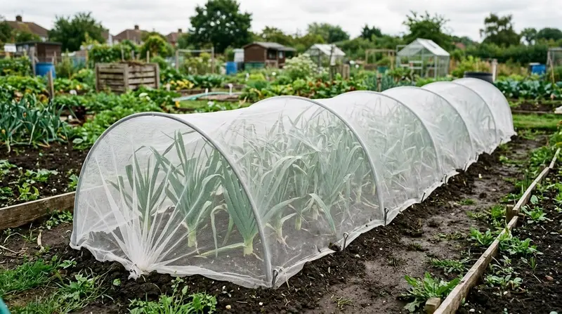 A row of allotment leeks covered with fine white insect-proof mesh to keep leek moth out