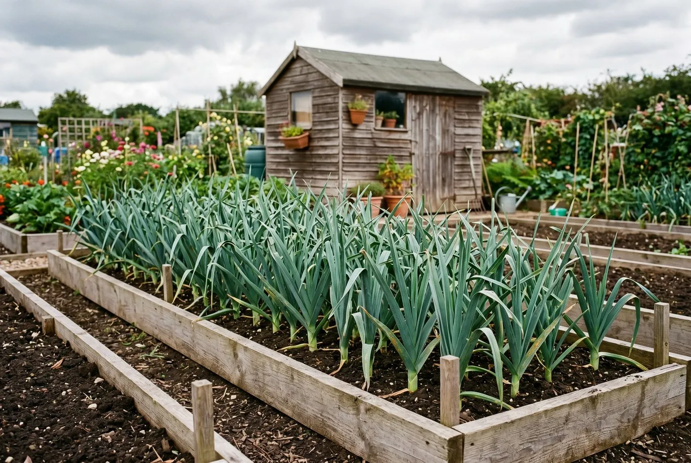 Rows of leeks growing in a British allotment in late summer with some orange rust visible on the lower leaves under grey cloud