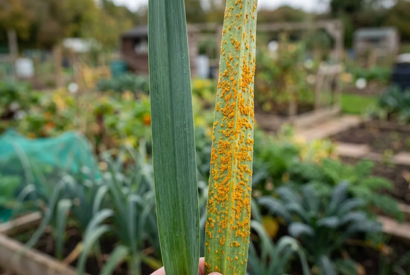 Side by side comparison of a healthy green leek leaf and a leek leaf covered in bright orange rust pustules, held against a UK allotment background