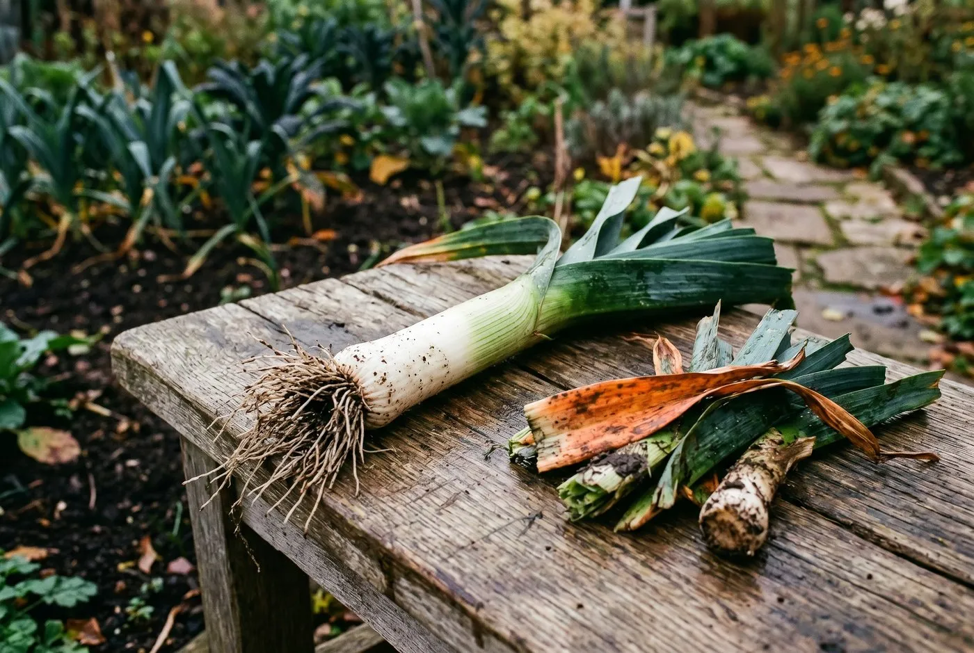 A harvested UK leek with rusted outer leaves trimmed away to show a clean white edible shank on a garden bench