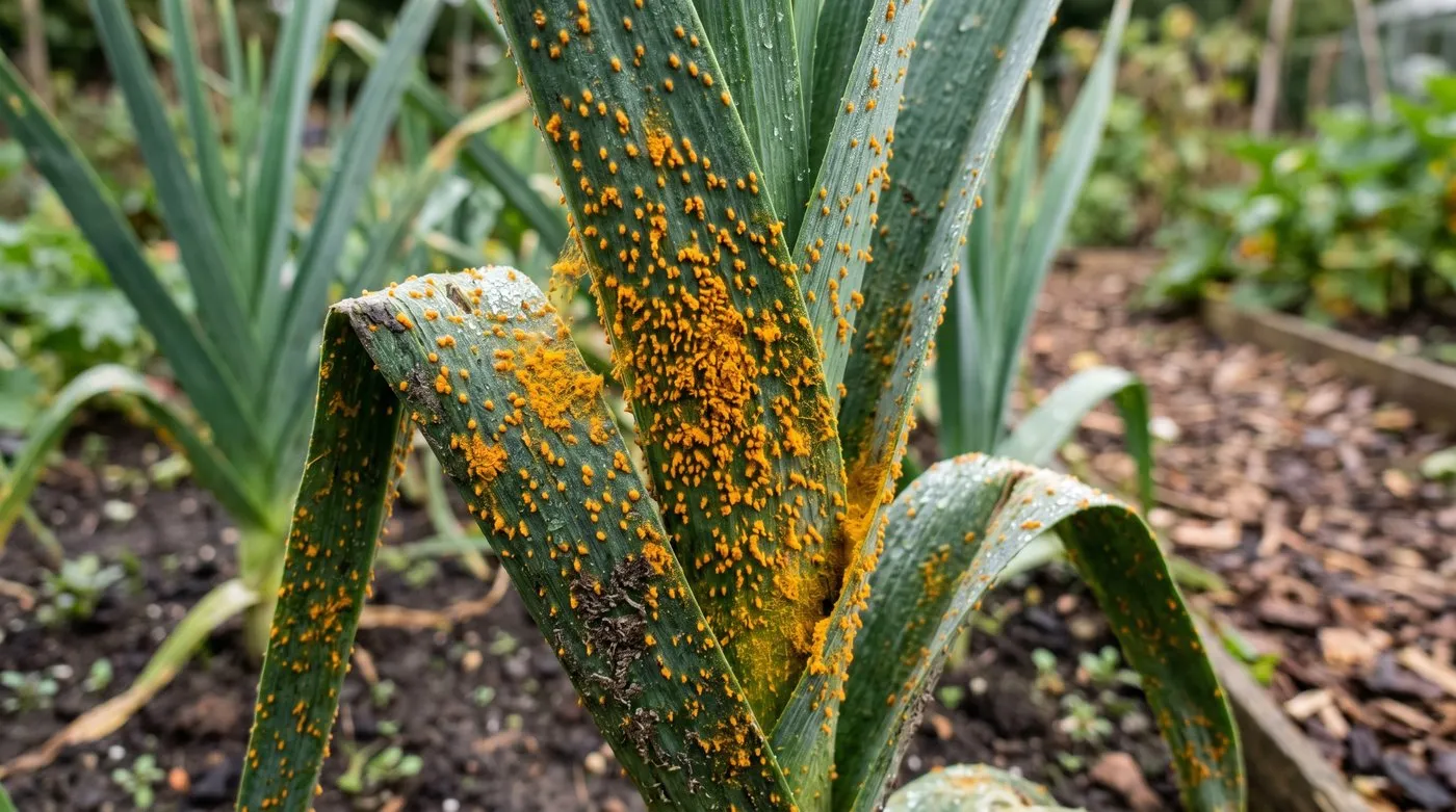 Close-up of UK garden leek leaves covered in bright orange leek rust pustules in late summer morning light