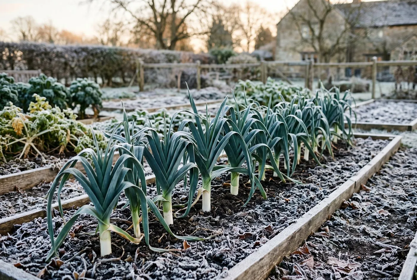 Healthy dark blue-green Bandit leeks standing clean and rust-free in a frosty UK winter vegetable bed
