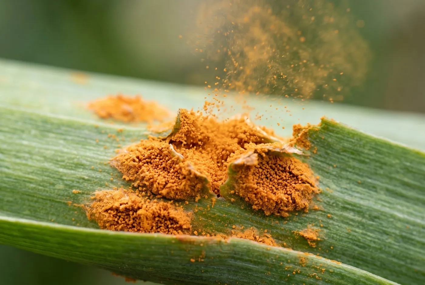Macro photograph of burst orange leek rust pustules releasing dusty spores on a leek leaf surface