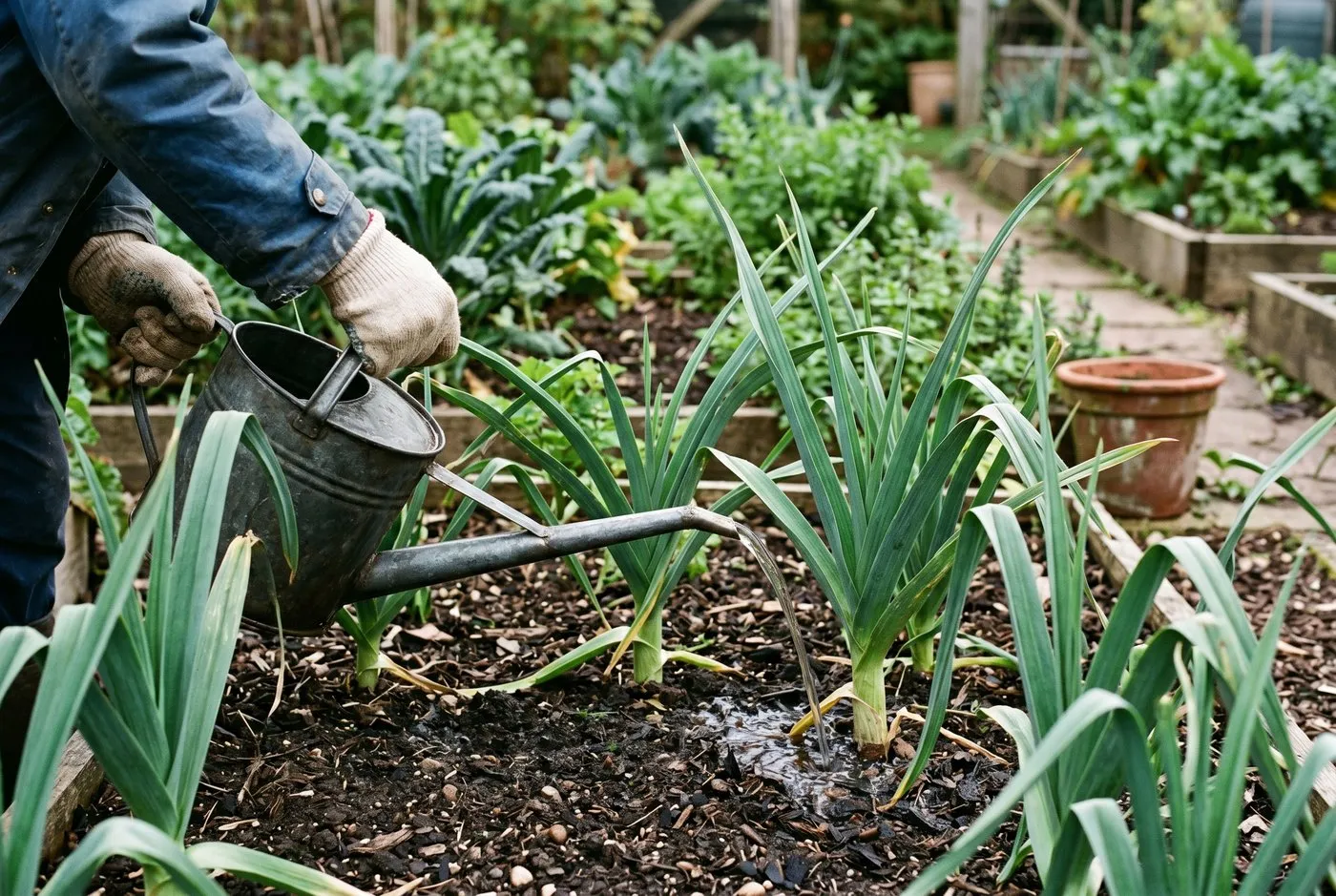 A gardener watering leeks at soil level with a watering can, keeping the foliage dry, in a UK kitchen garden