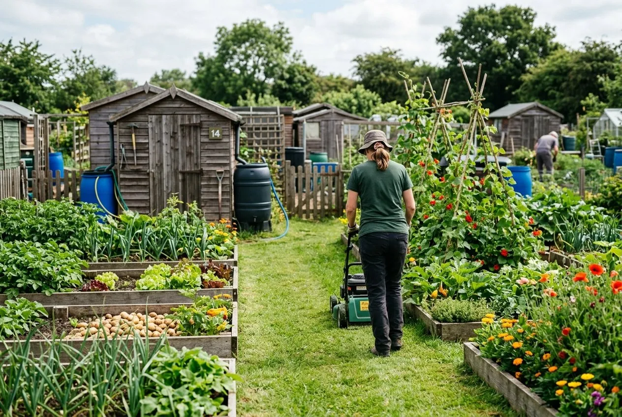 A communal allotment site in the UK with plot holders mowing grass paths between raised beds on a summer morning, sheds and water butts behind