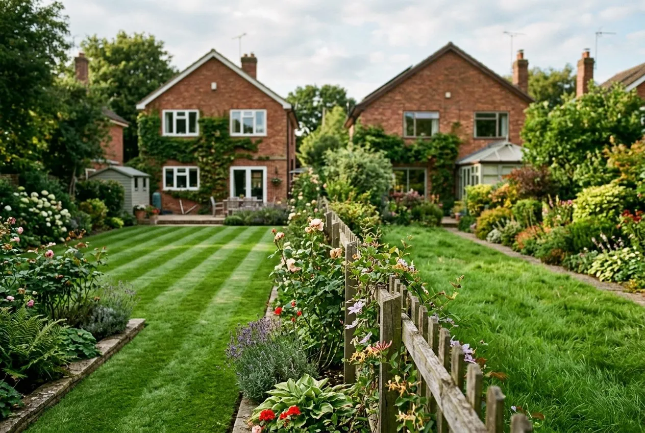 Two adjoining UK back gardens separated by a low fence, one lawn freshly mowed, illustrating the shared boundary where mowing noise carries between homes