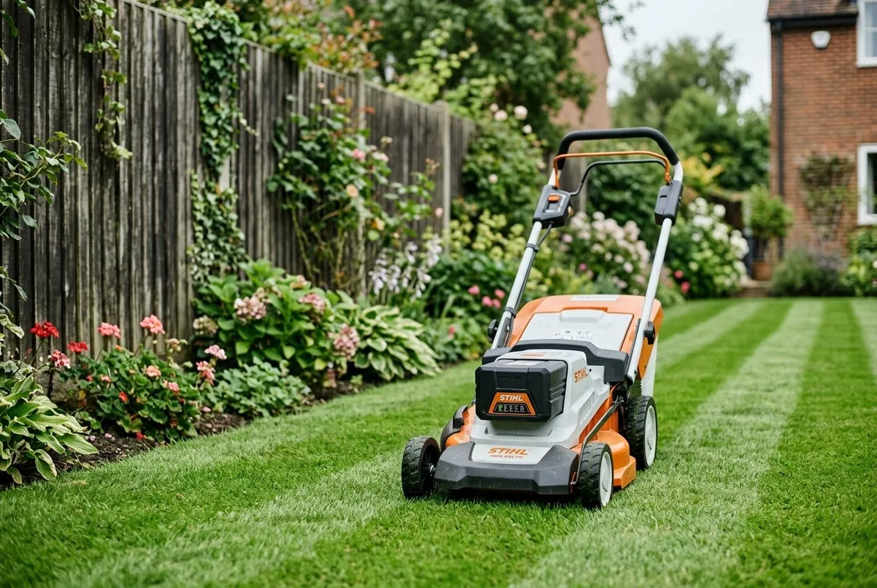 A close view of a cordless battery lawn mower on a neatly striped back lawn beside a wooden fence in a UK garden