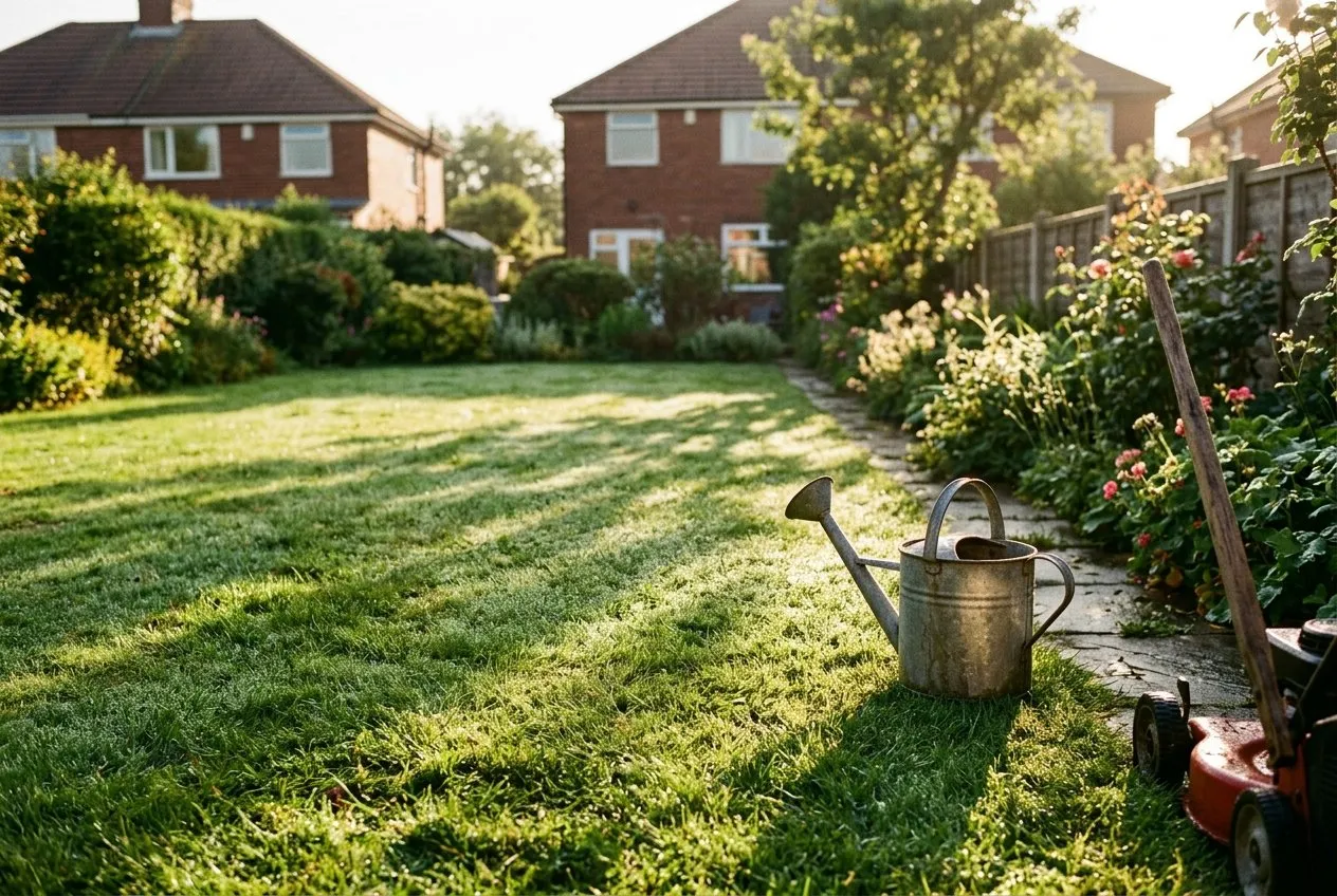 A dewy early-morning UK lawn with low sun casting long shadows, a watering can and a mower handle just in frame at the edge of a semi-detached garden