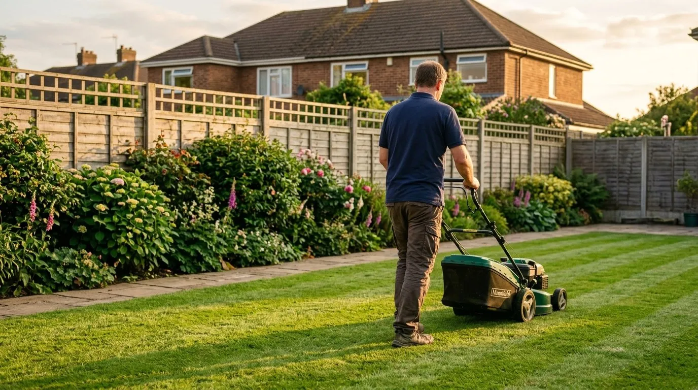 A man pushing a petrol rotary mower across a suburban back lawn on a bright summer evening in a typical UK semi-detached garden