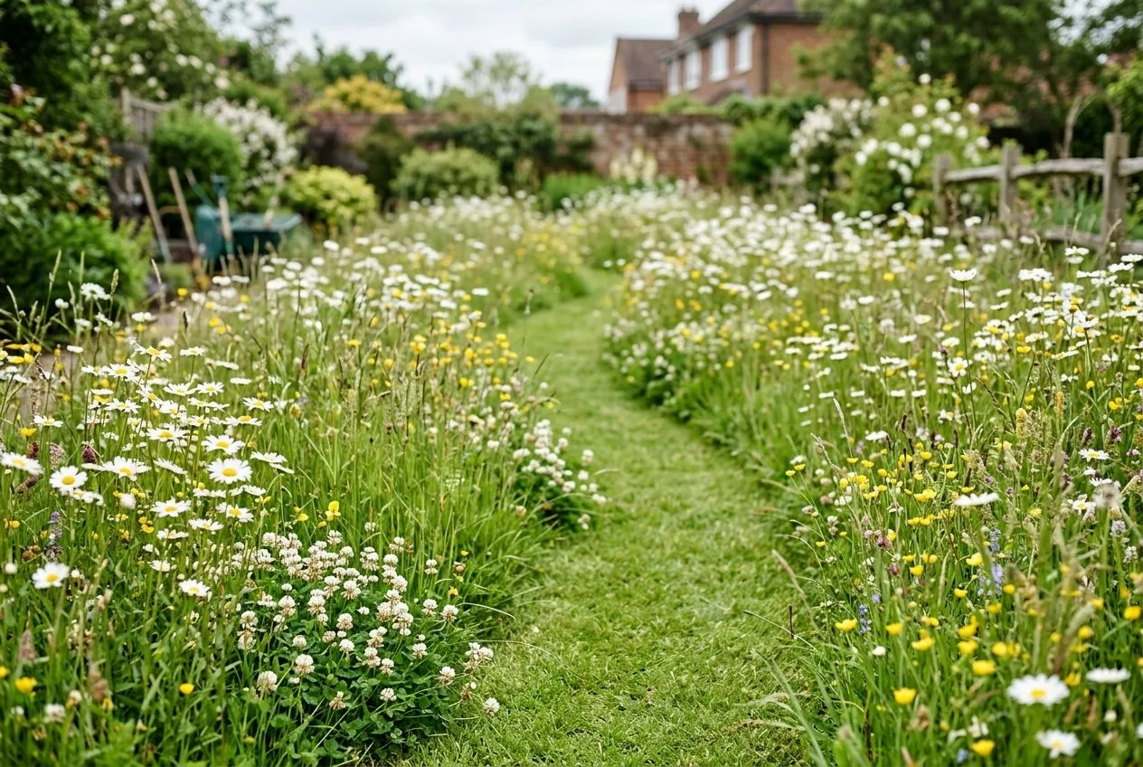 A wildflower strip left long in a UK back lawn during no mow May, with daisies and clover, a shorter mown path running through it