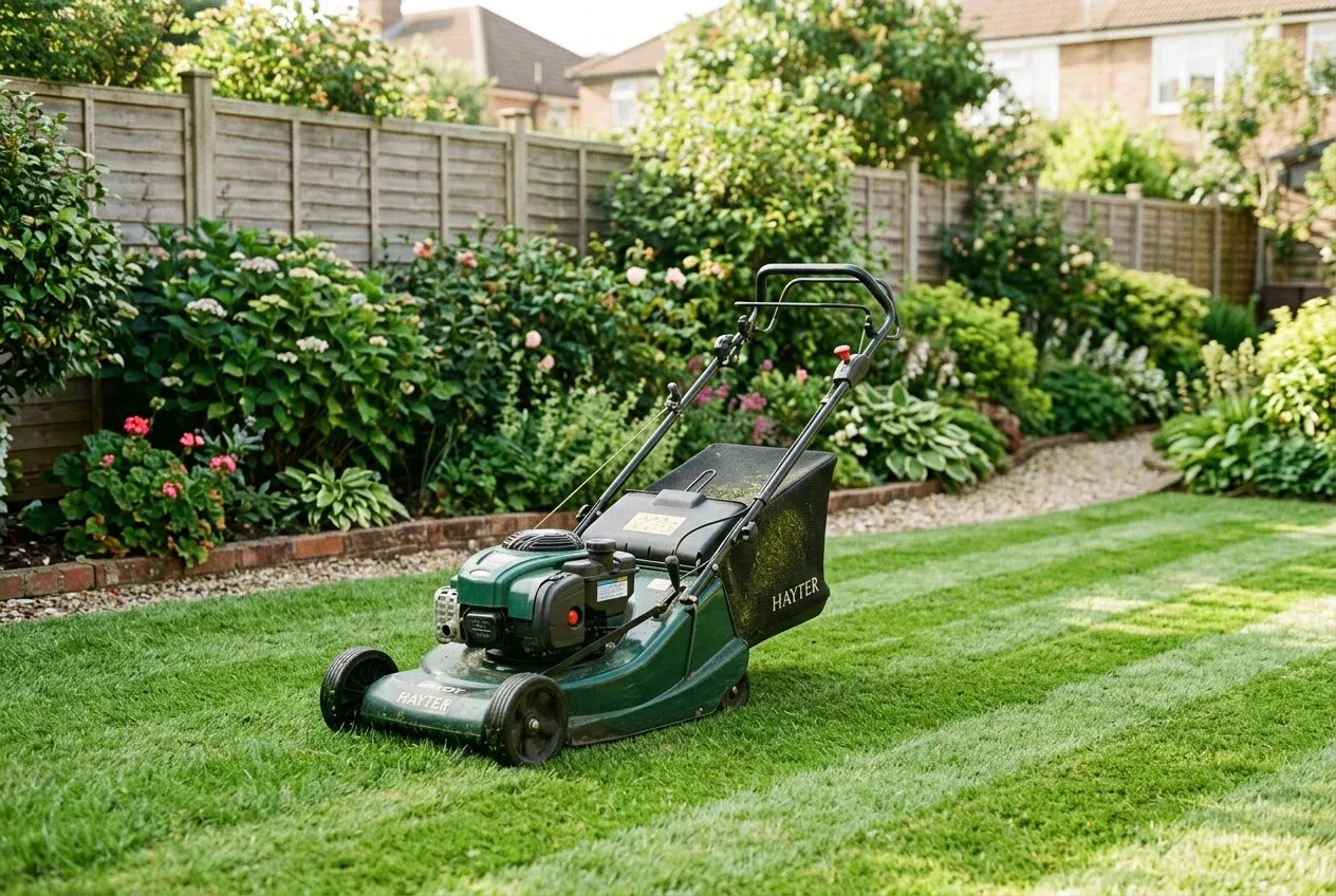 A petrol lawn mower parked on a freshly cut back lawn in a UK suburban garden on a sunny morning, fence panels and shrub border behind