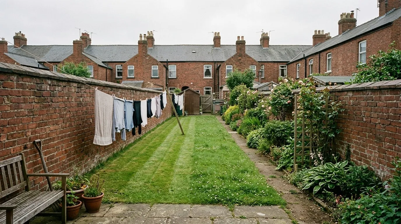 A long narrow terraced back garden in a UK town with a small lawn being mowed, brick walls on both sides and houses visible behind