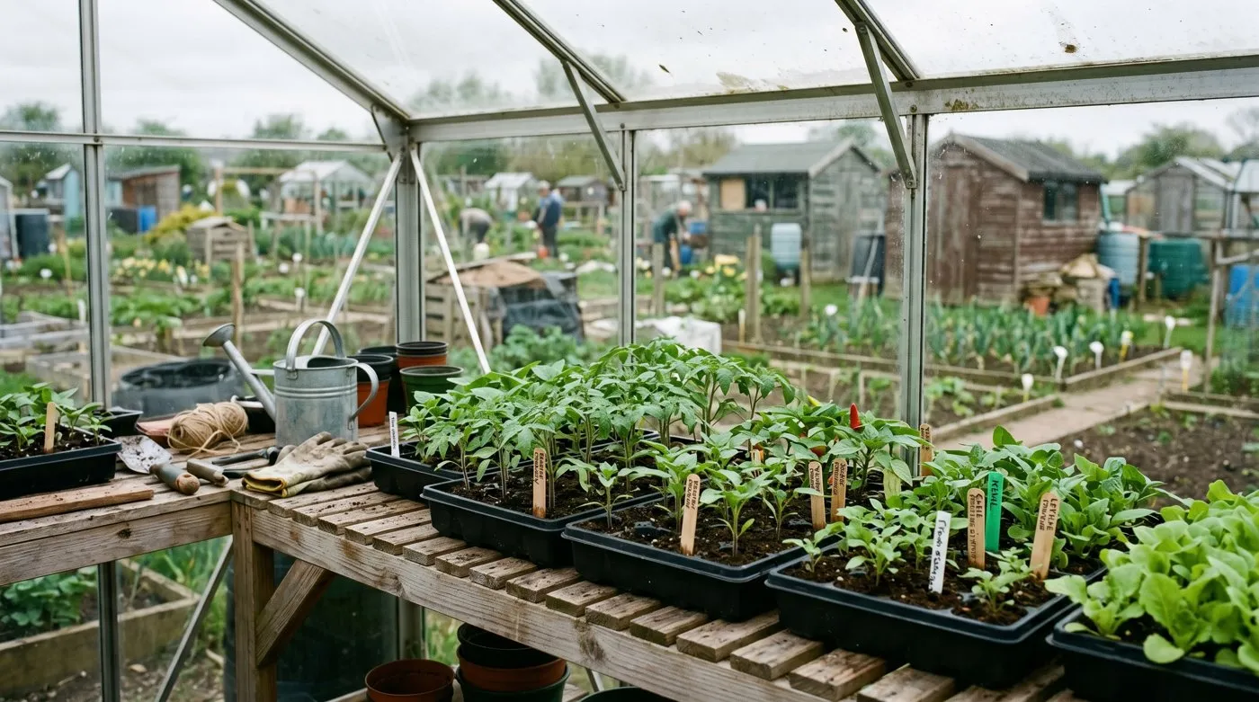 Trays of sturdy compact seedlings on the staging bench inside an allotment greenhouse under overcast UK spring sky