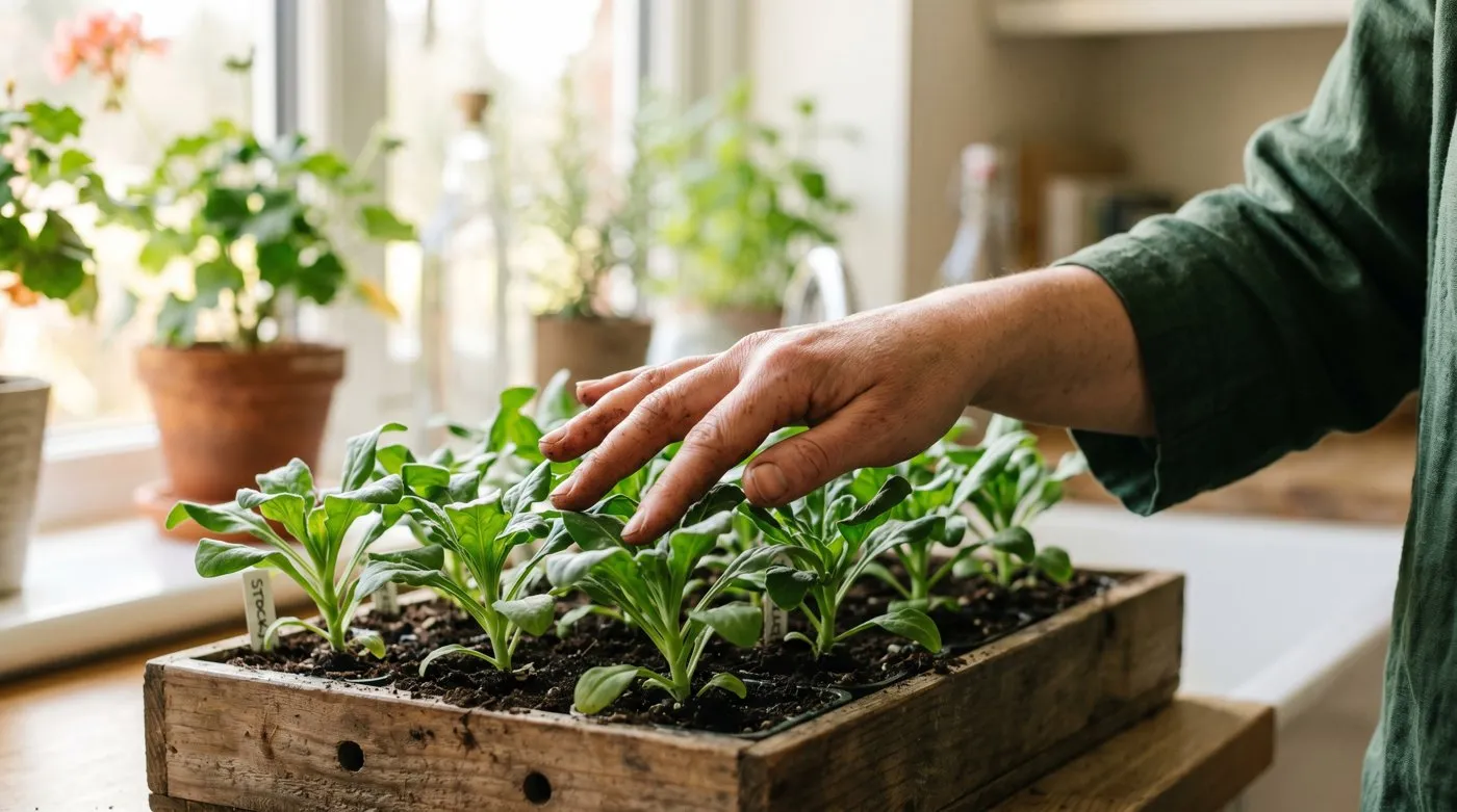 A hand gently brushing the tops of a tray of young stocky seedlings to strengthen the stems