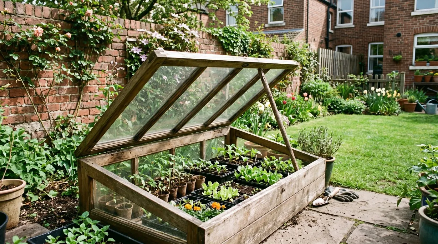 An open timber cold frame in a UK back garden with trays of young plants being hardened off, lid propped open