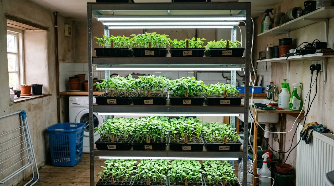 A metal shelving unit indoors with trays of compact green seedlings under bright white LED grow lights