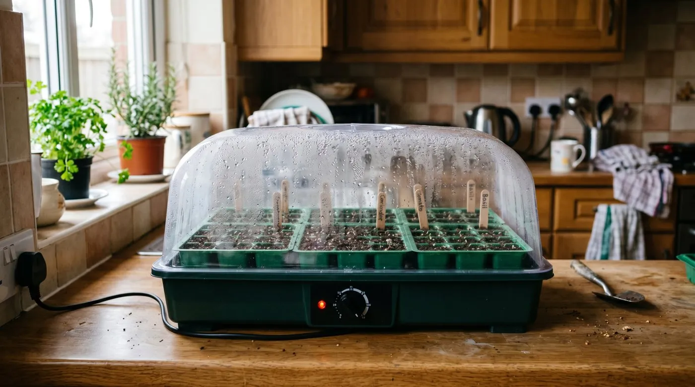 A clear-lidded heated propagator full of module trays on a UK kitchen worktop with condensation on the lid