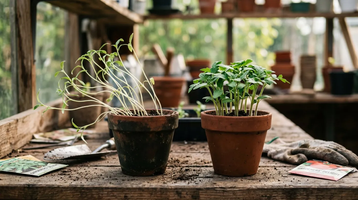 Two pots of seedlings side by side, one tall pale and leggy, the other short stocky and dark green, on an allotment potting bench