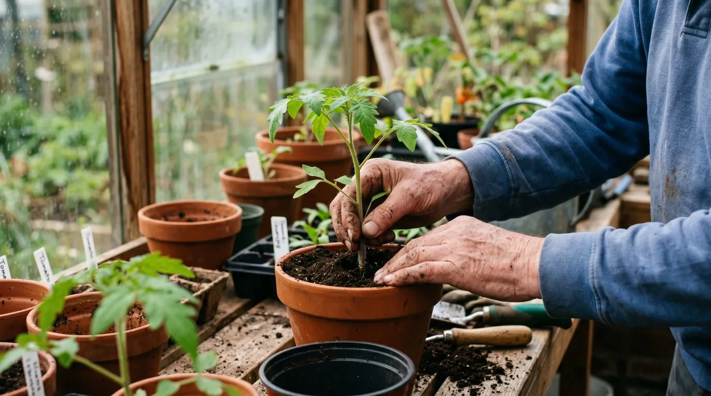 Hands potting a young tomato seedling deeper into a pot on a greenhouse bench, burying the lower stem