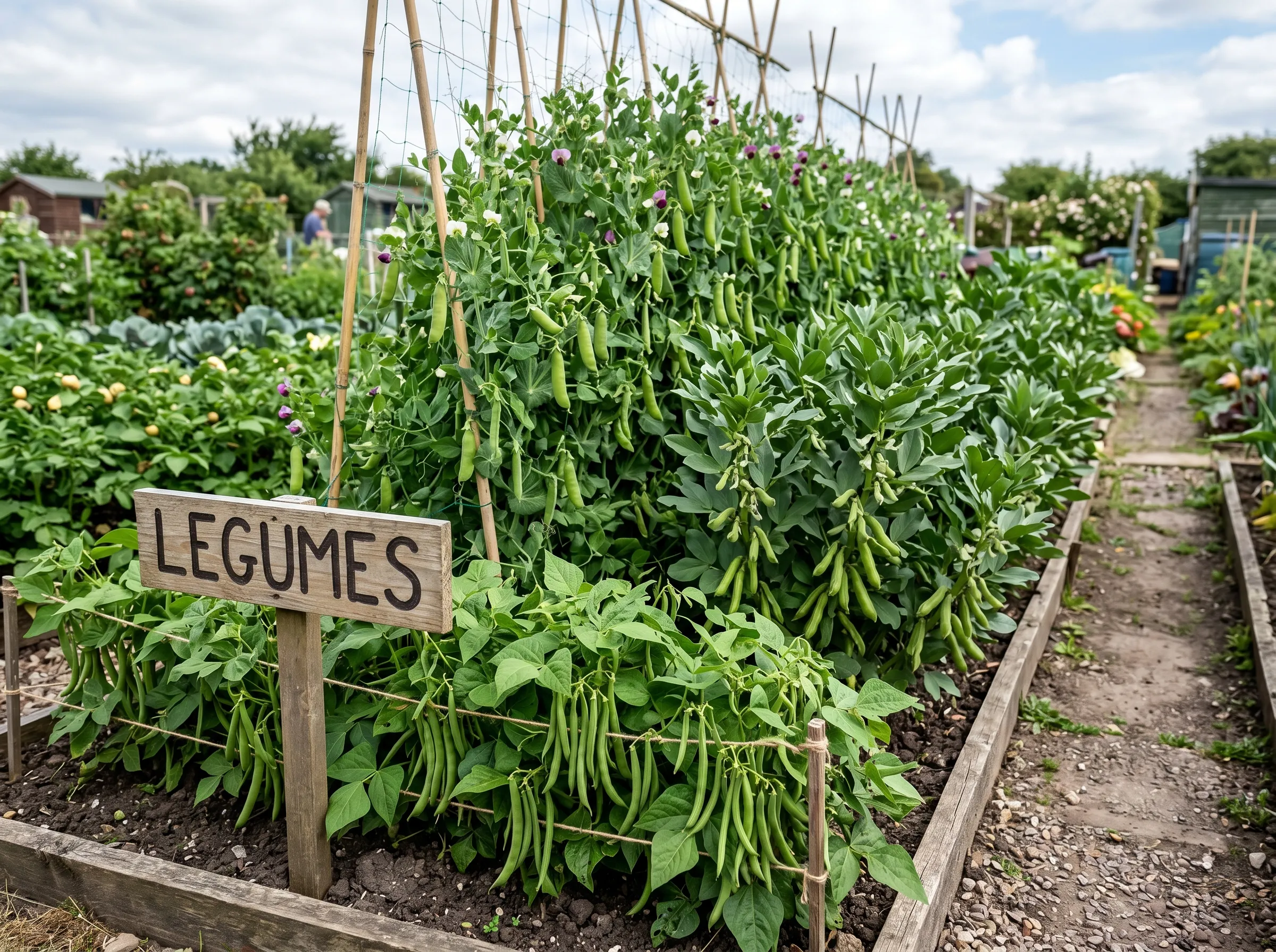 UK allotment bed in midsummer showing dense peas climbing up canes with broad beans behind, French beans growing in front rows, all healthy and cropping, the bed clearly labelled Legumes Year 1