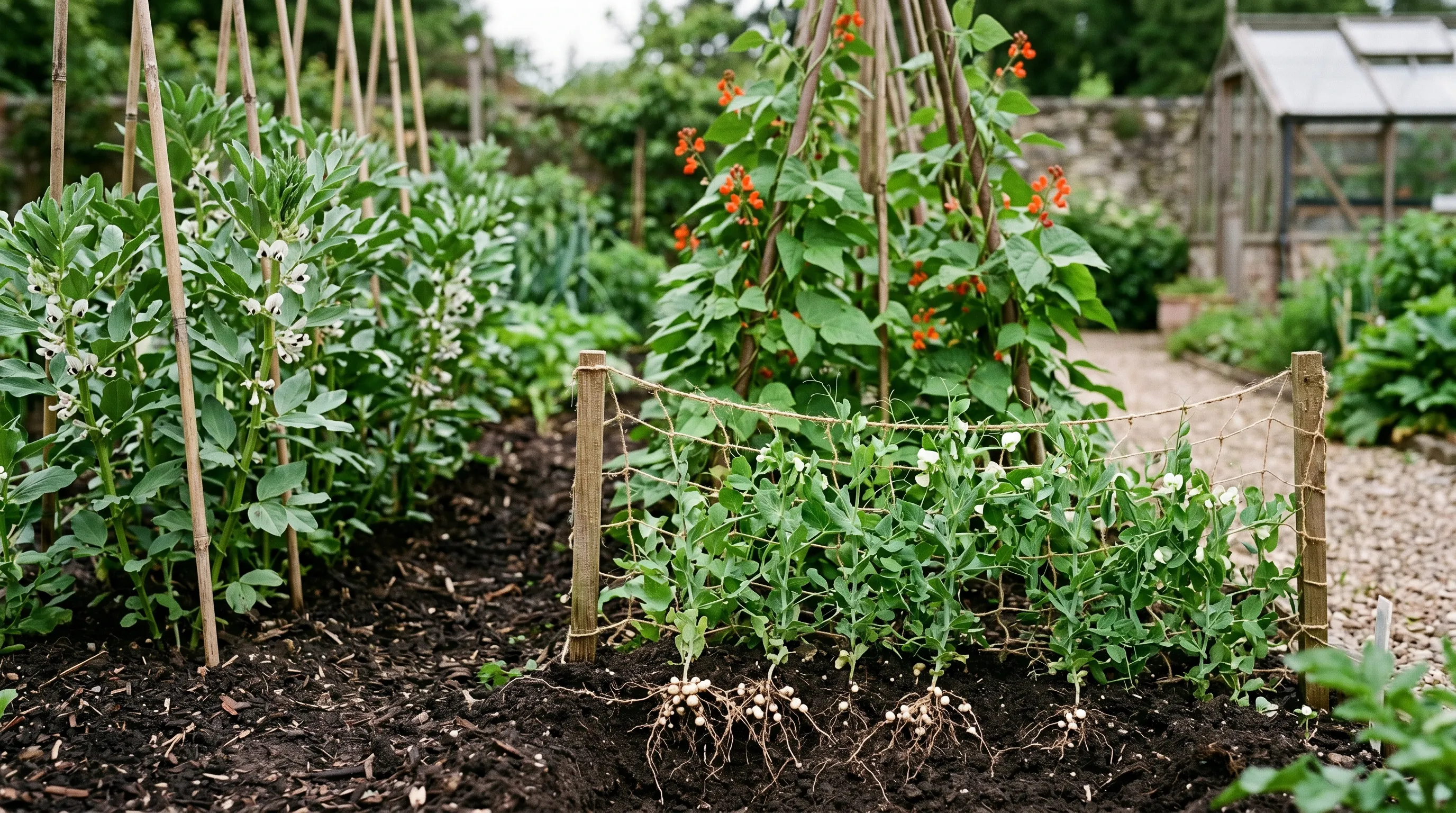 Legume family in a UK garden - broad beans climbing canes with white flowers, runner beans climbing a wigwam, and peas in a row with nitrogen-fixing root nodules visible