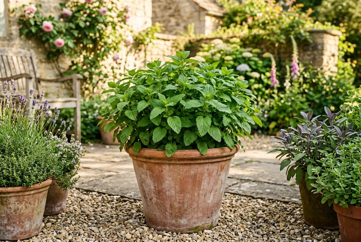 Lemon balm growing in a large terracotta container on a sunny UK patio
