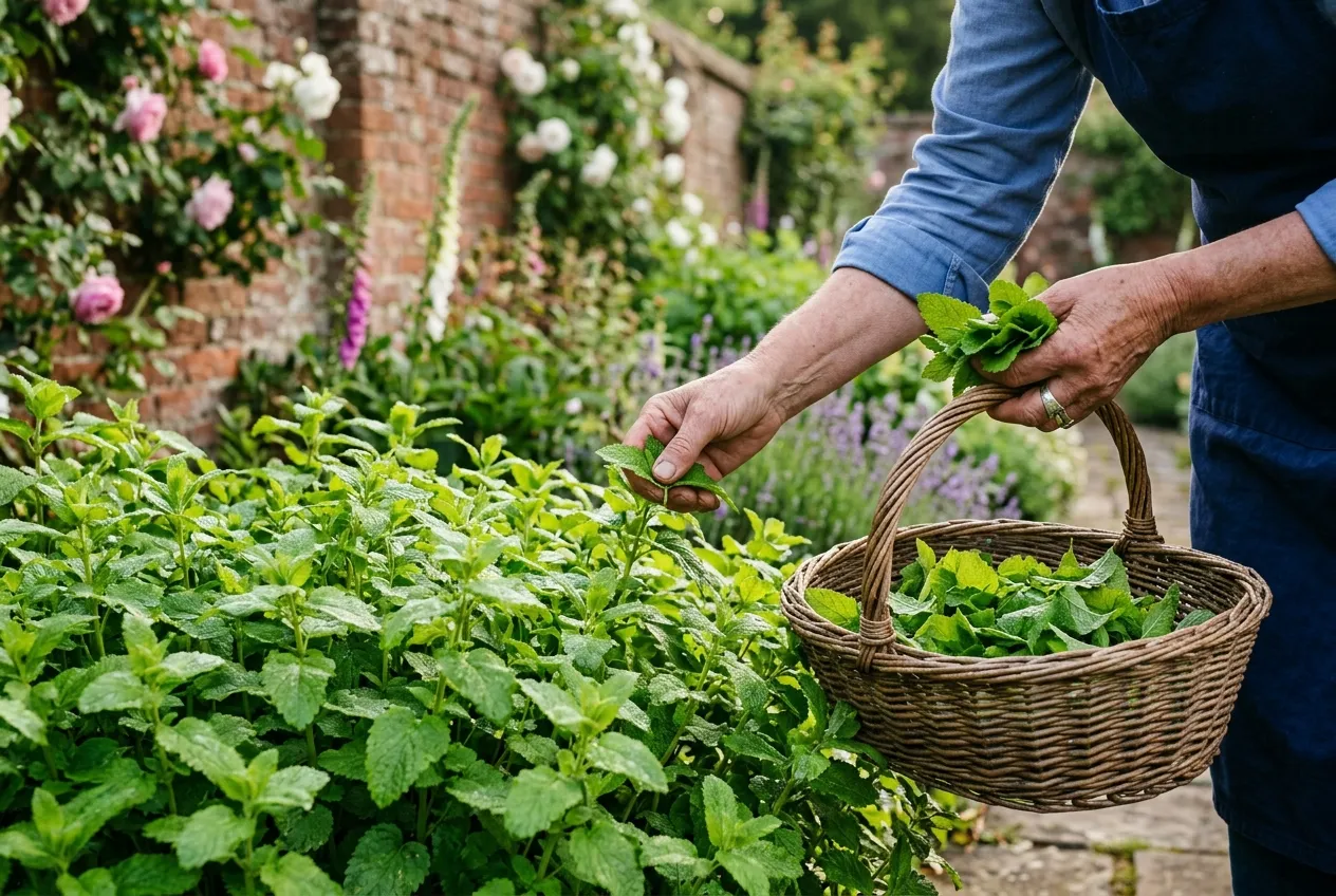 Hands harvesting fresh lemon balm leaves in a cottage garden setting
