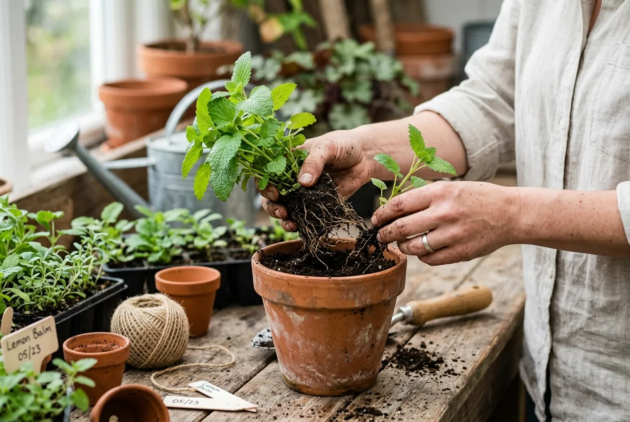 Lemon balm seedlings being divided for propagation on a potting bench