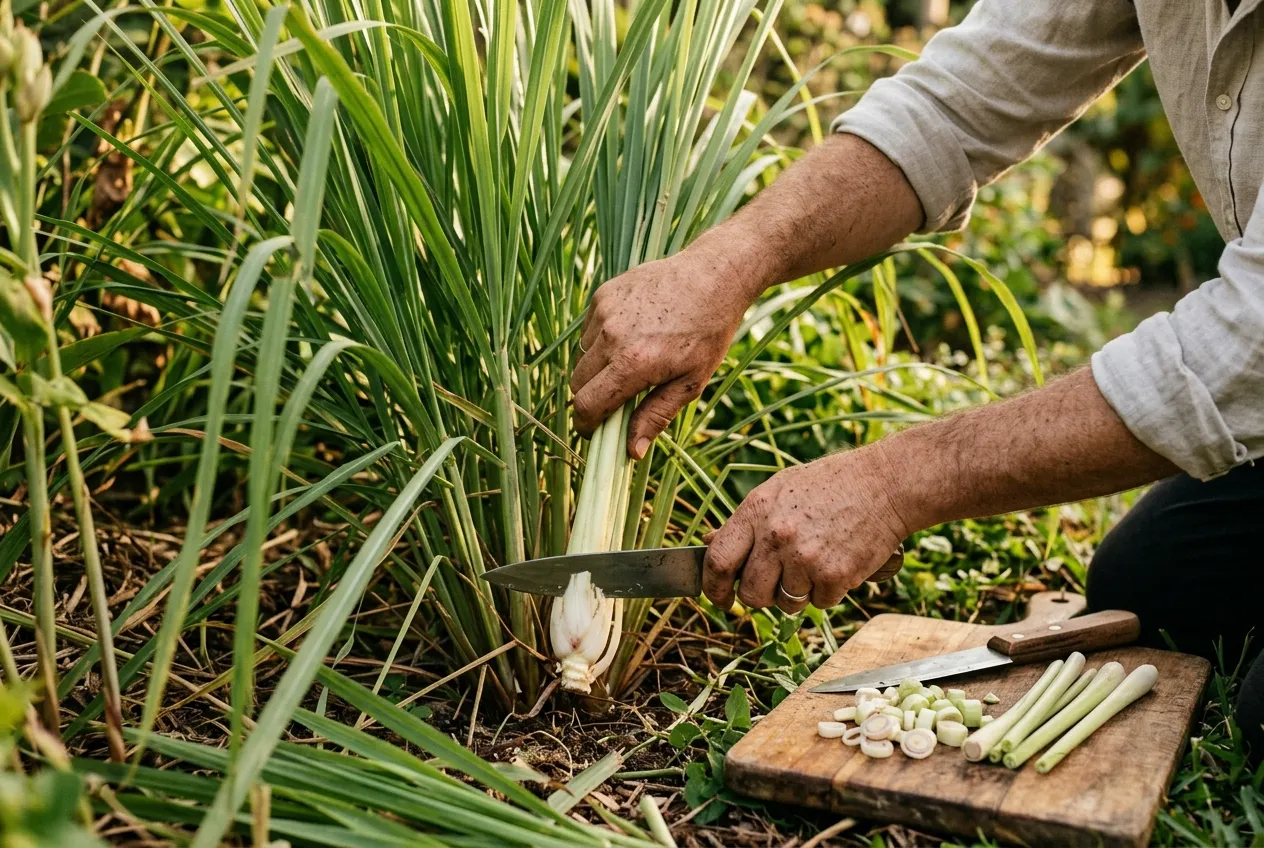 Hands harvesting thick lemon grass stalks from a mature plant with a sharp knife