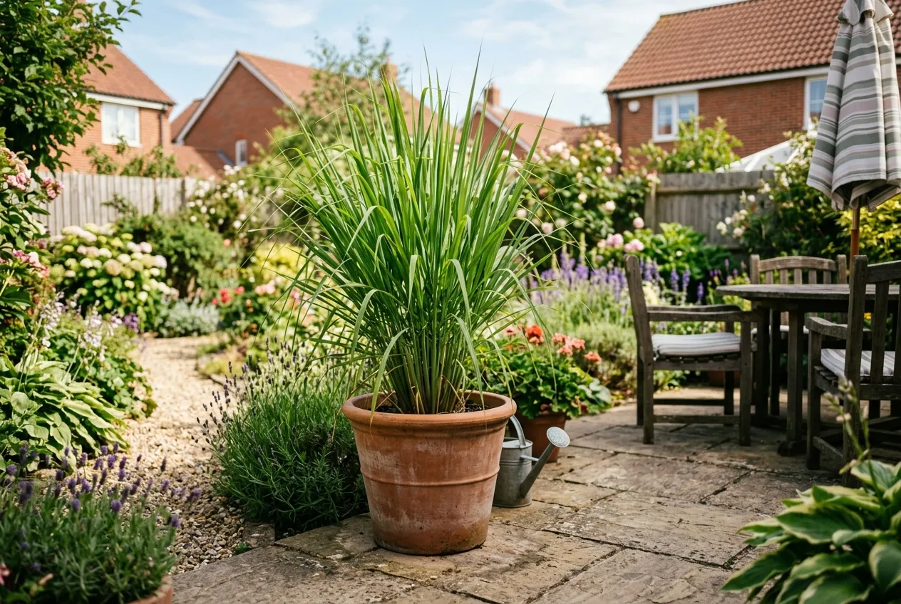Lemon grass growing in a large pot on a sunny UK suburban patio in summer