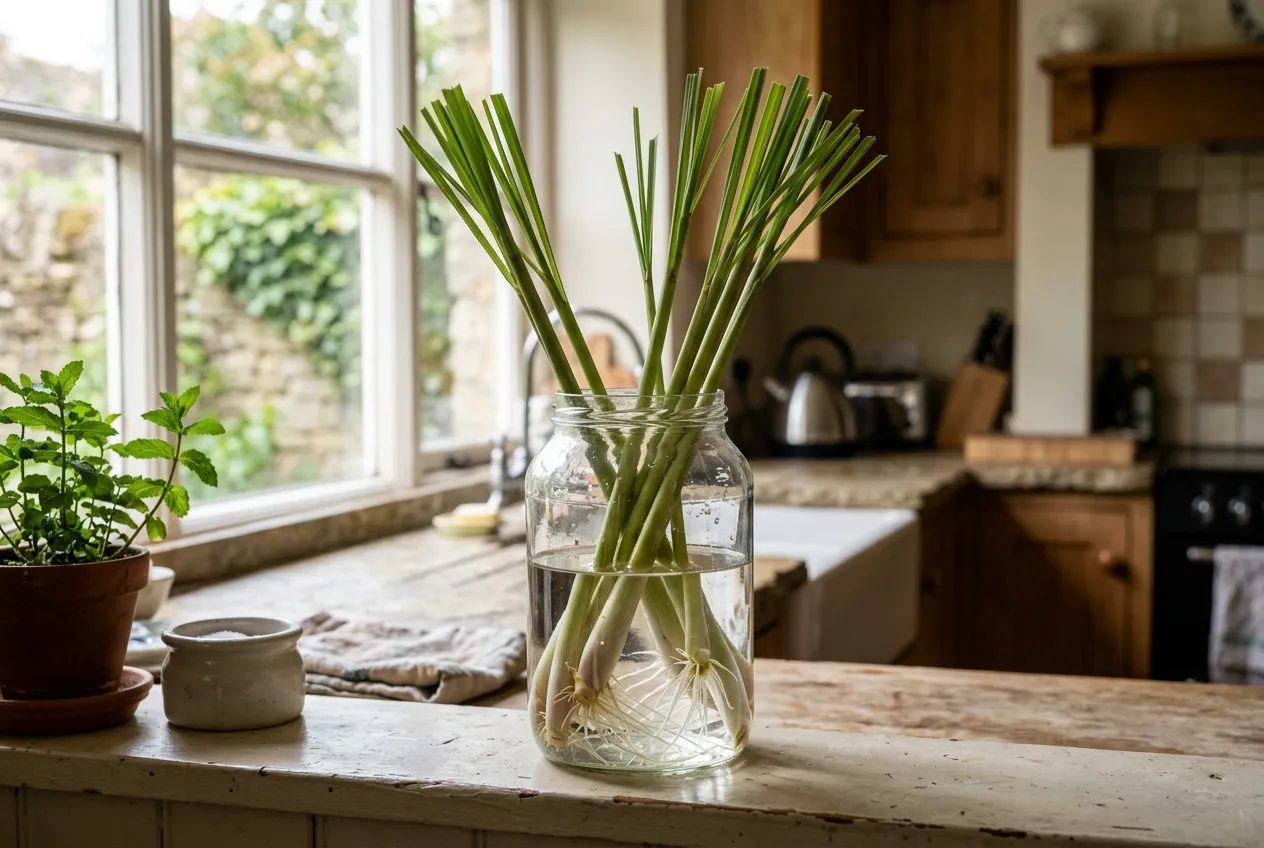 Lemon grass stalks rooting in a glass of water on a UK kitchen windowsill