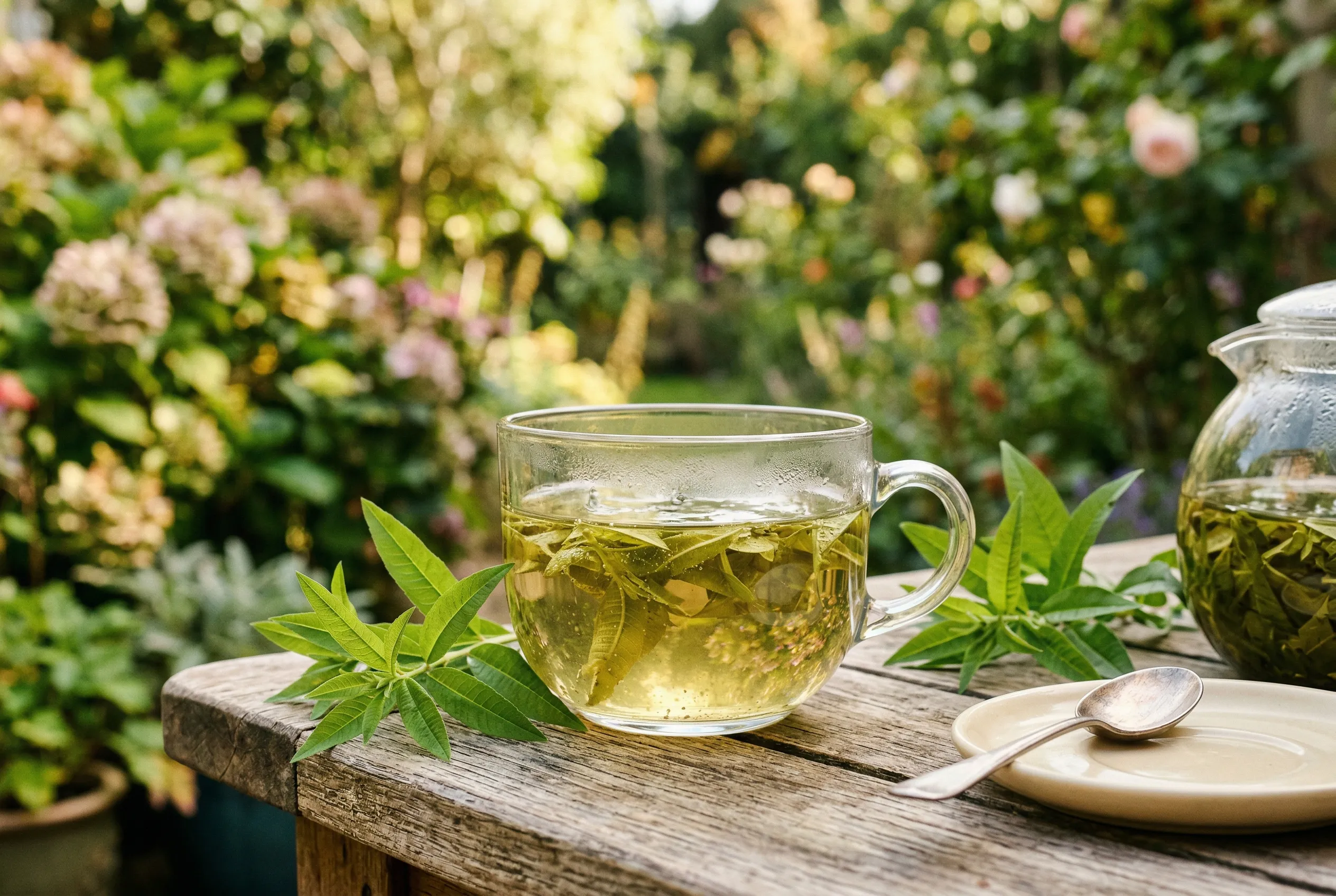 Lemon verbena leaves steeping in a glass teacup on a garden table making herbal tea