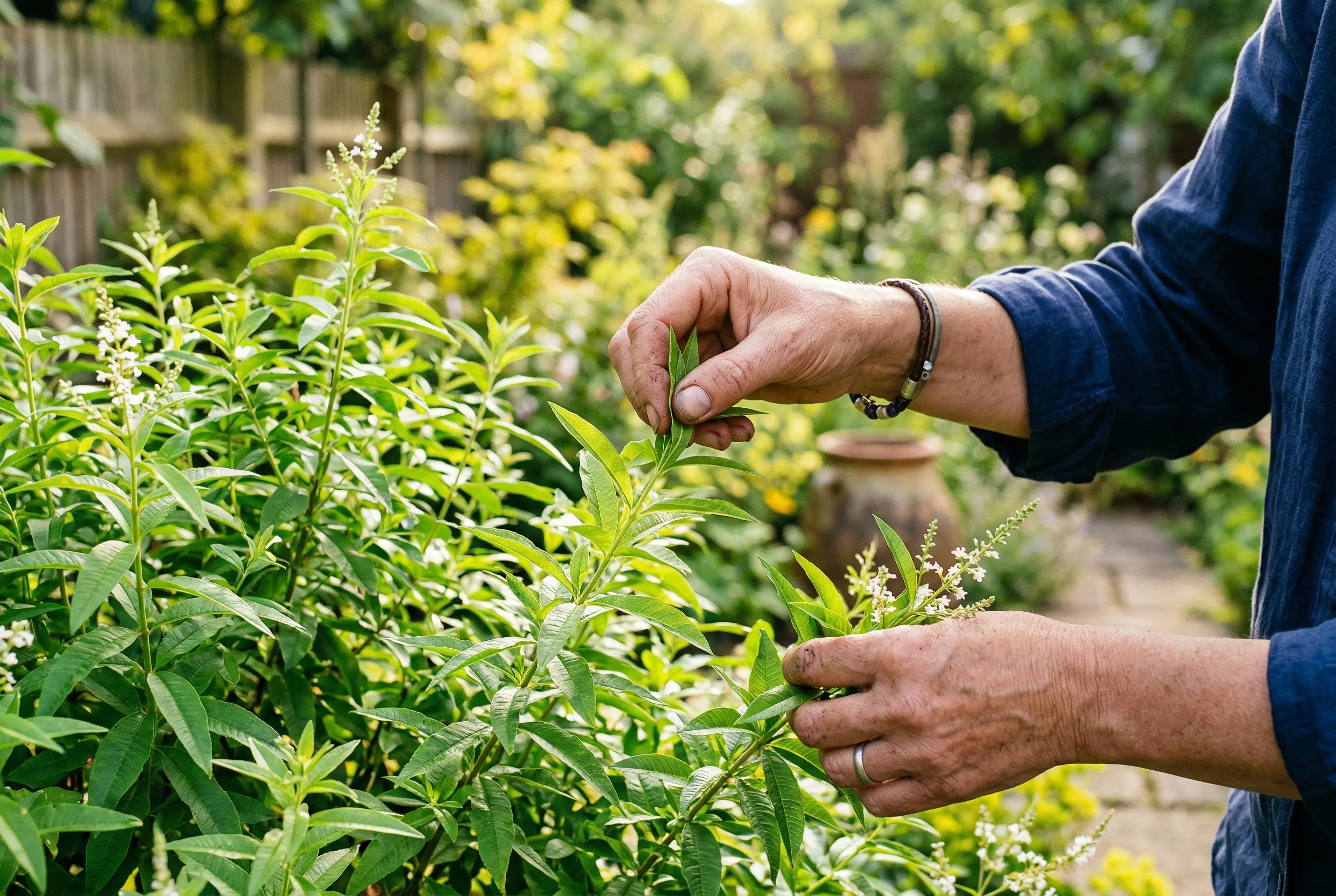 Hands picking fresh lemon verbena leaves from a healthy bush in a UK garden
