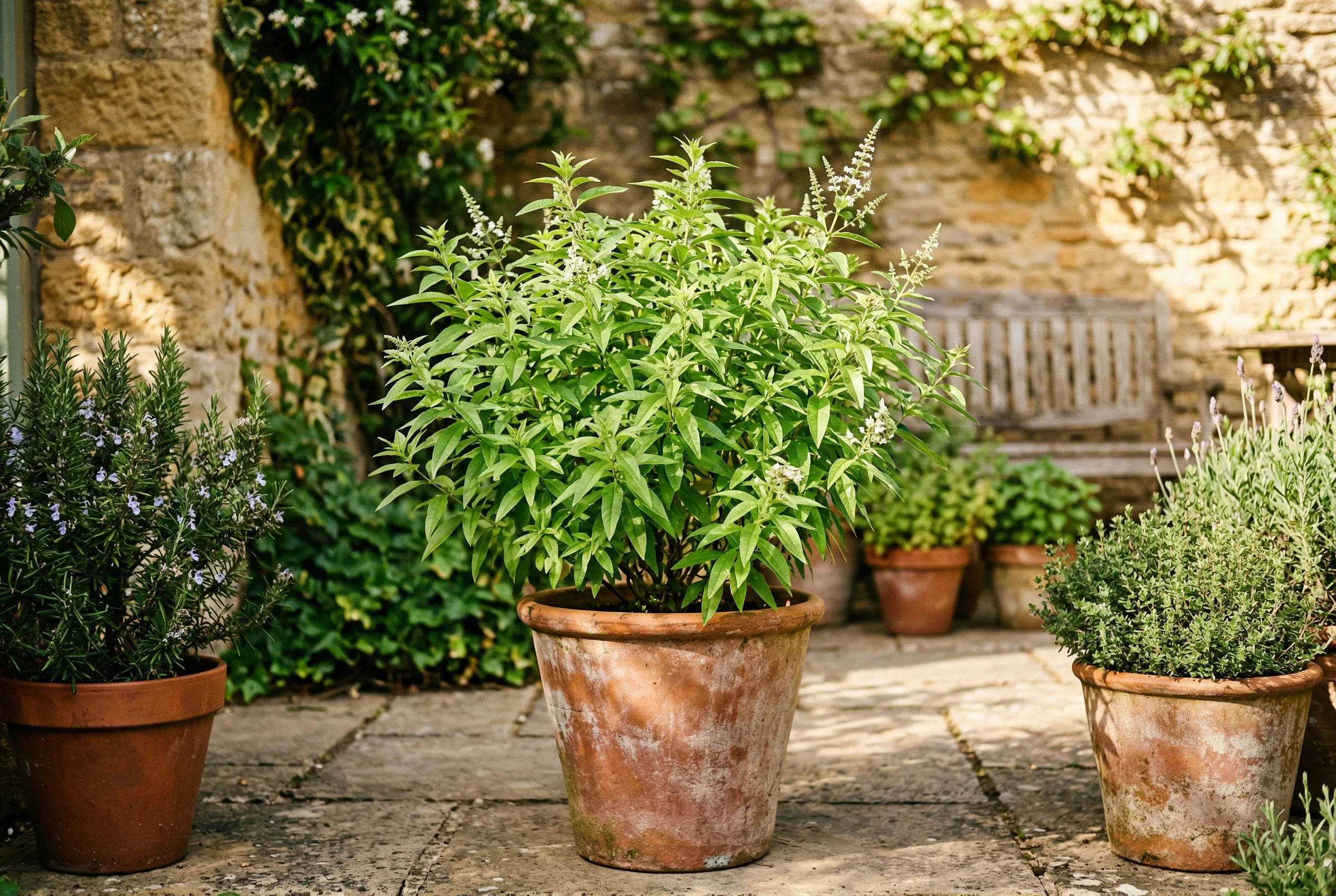 Lemon verbena growing in a terracotta pot on a sunny UK patio with rosemary and thyme nearby