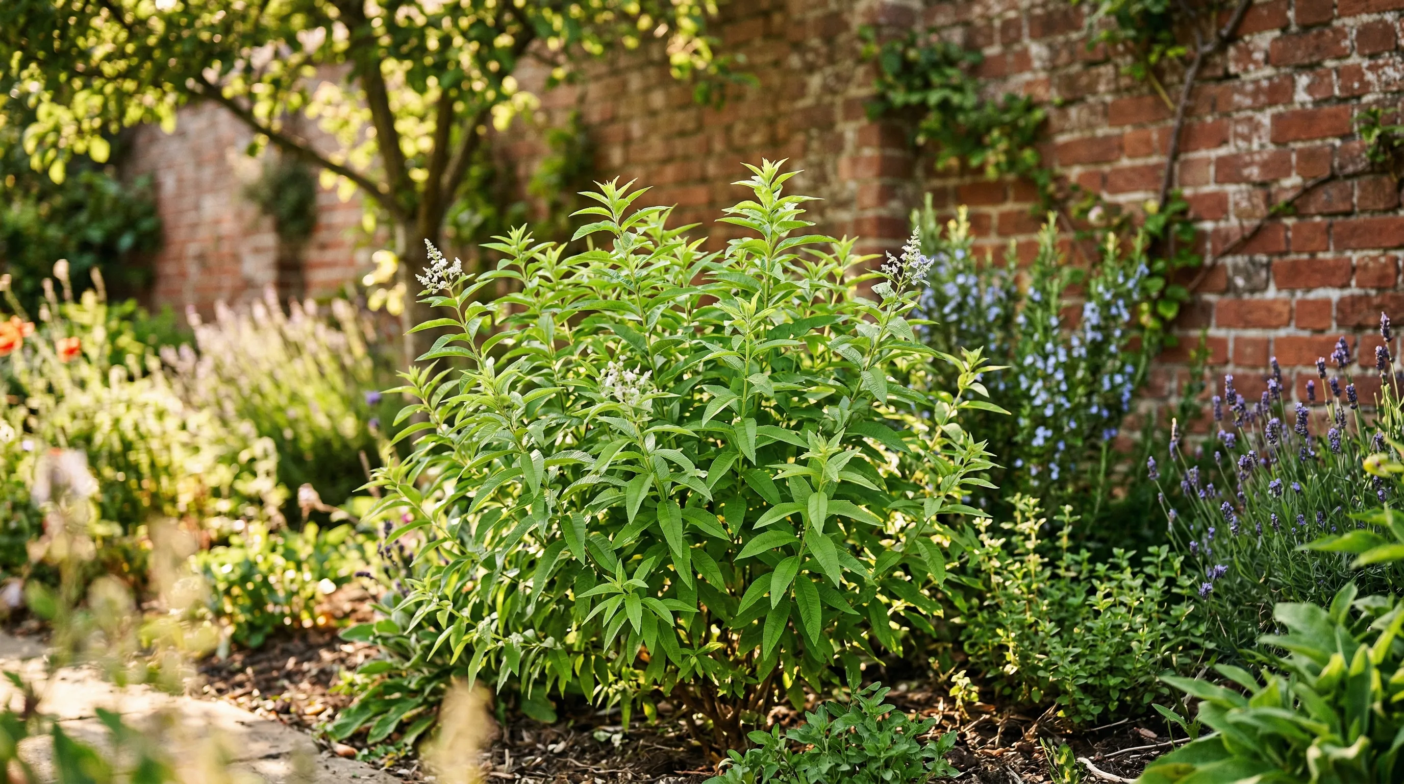 Lemon verbena shrub with bright green pointed leaves growing against a warm brick wall in a UK garden
