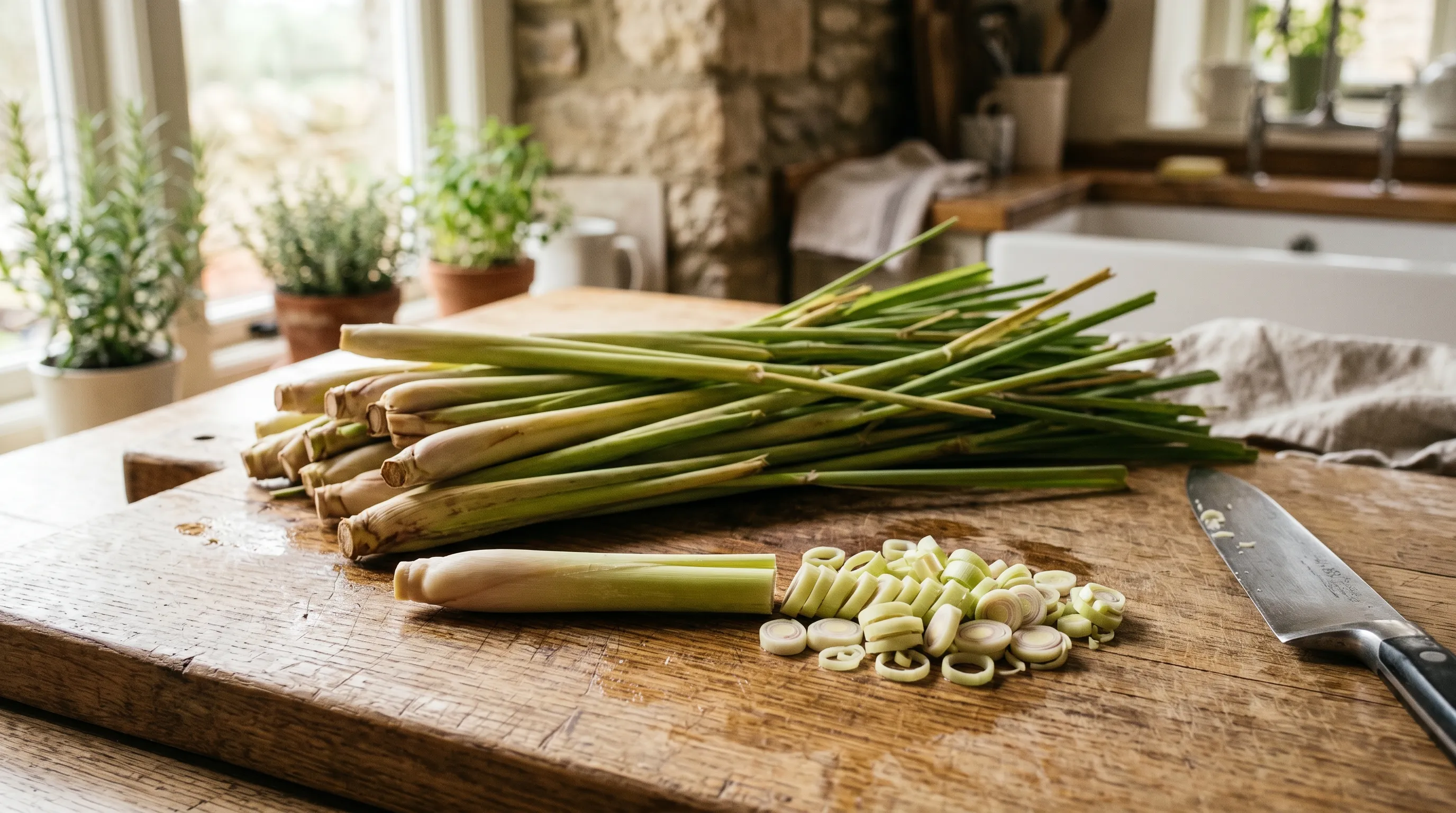 A pile of freshly cut lemongrass stems on a wooden cutting board with one stem chopped into rings showing the pale swollen base where flavour is concentrated in a UK kitchen