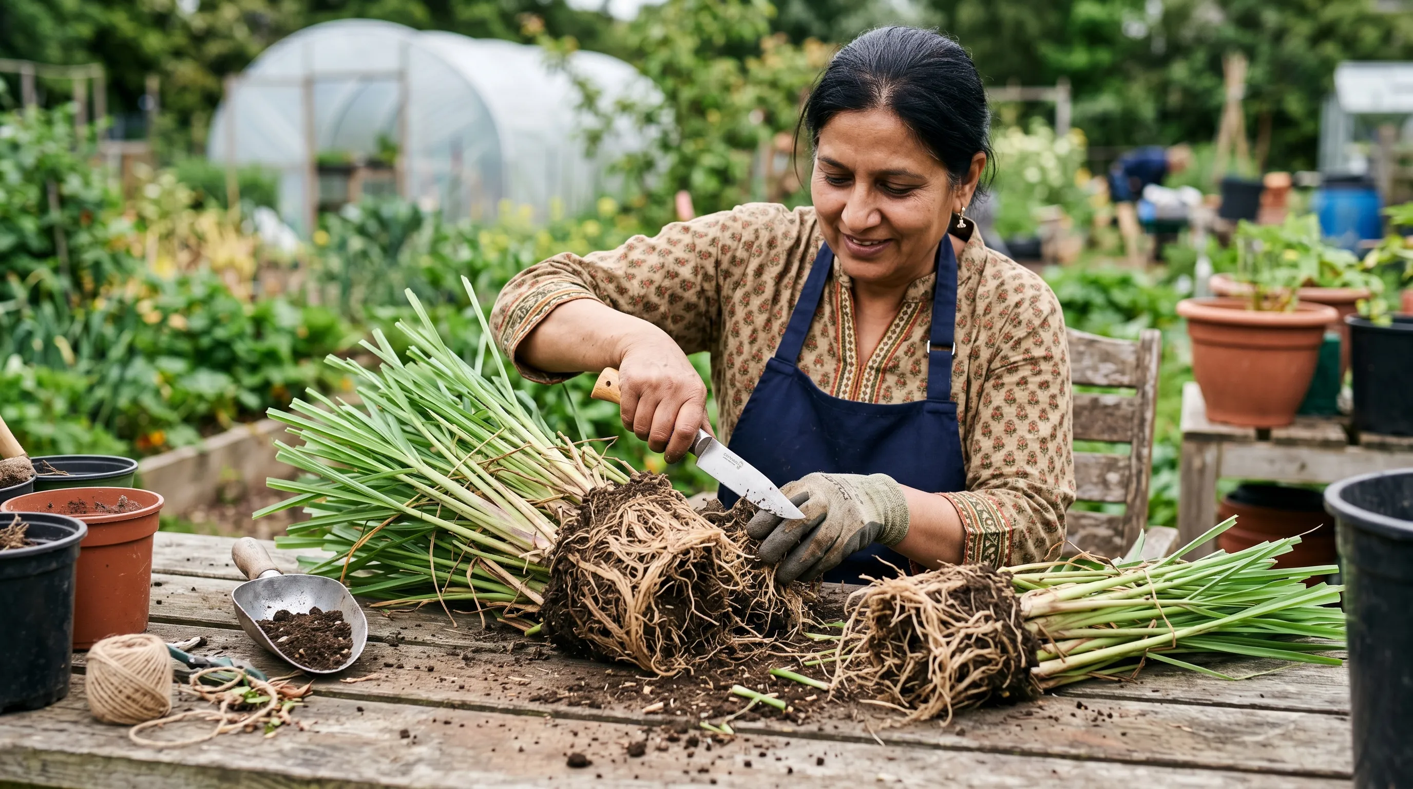 A close-up of lemongrass being divided in late spring by a UK gardener of Pakistani heritage using a sharp knife to split a congested clump into four sections on a wooden potting bench