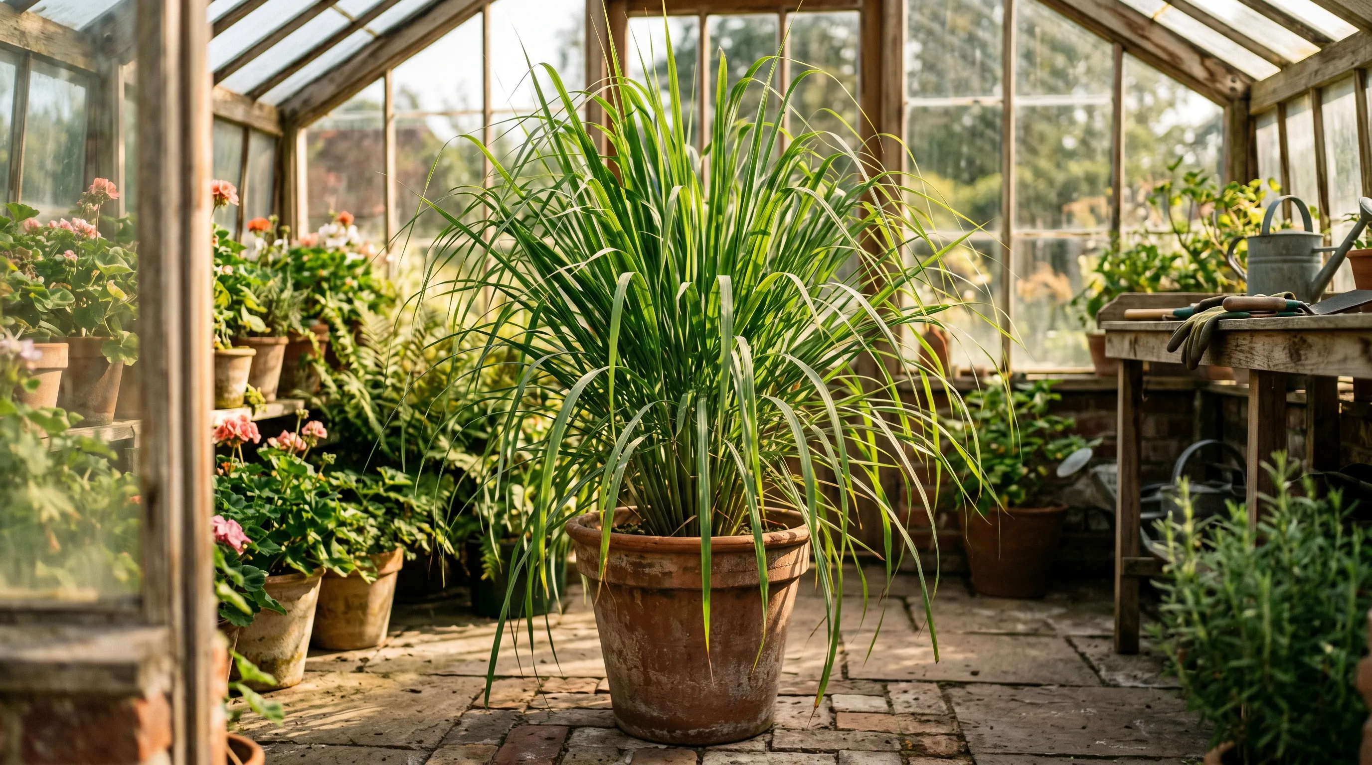 Mature lemongrass plant in a large terracotta pot with arching green leaves in a sunny UK conservatory with afternoon light catching the foliage