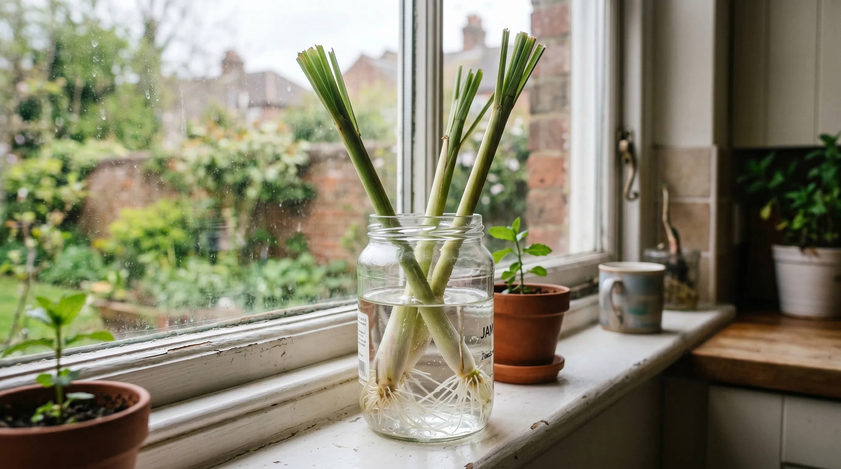Three supermarket lemongrass stems rooting in a glass jar of water on a UK kitchen windowsill in spring with white roots visible at the base of each stem