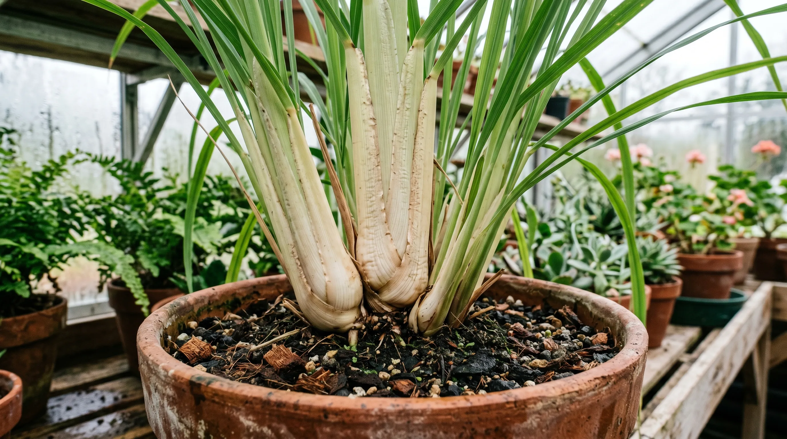 Detail close-up of lemongrass leaf blades and stem bases showing the swollen pale lower stems where the culinary flavour is concentrated in a UK conservatory pot