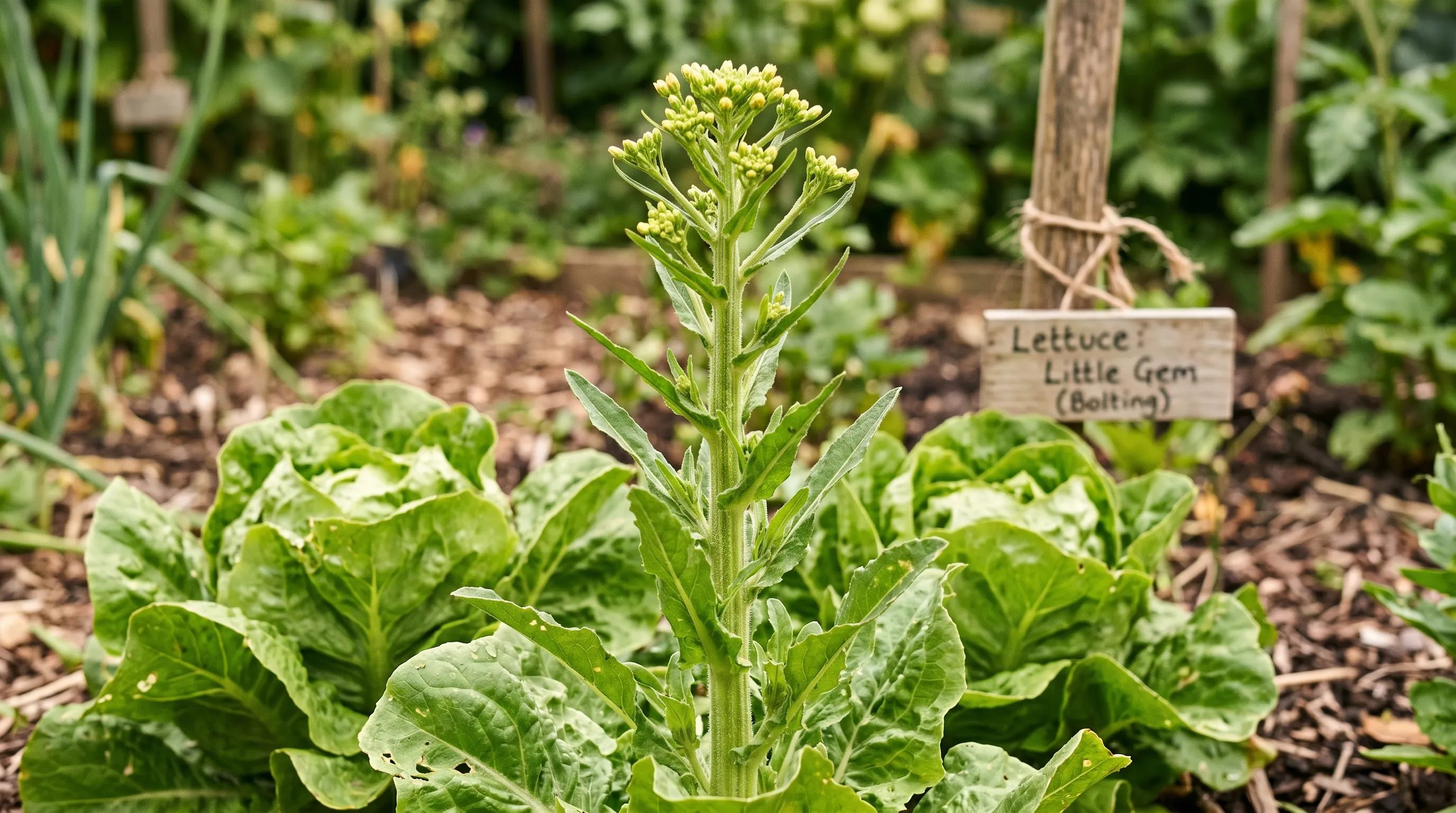 UK lettuce plant bolting in summer with the central stem rapidly elongating and small flower buds appearing at the top as the plant transitions to seed production