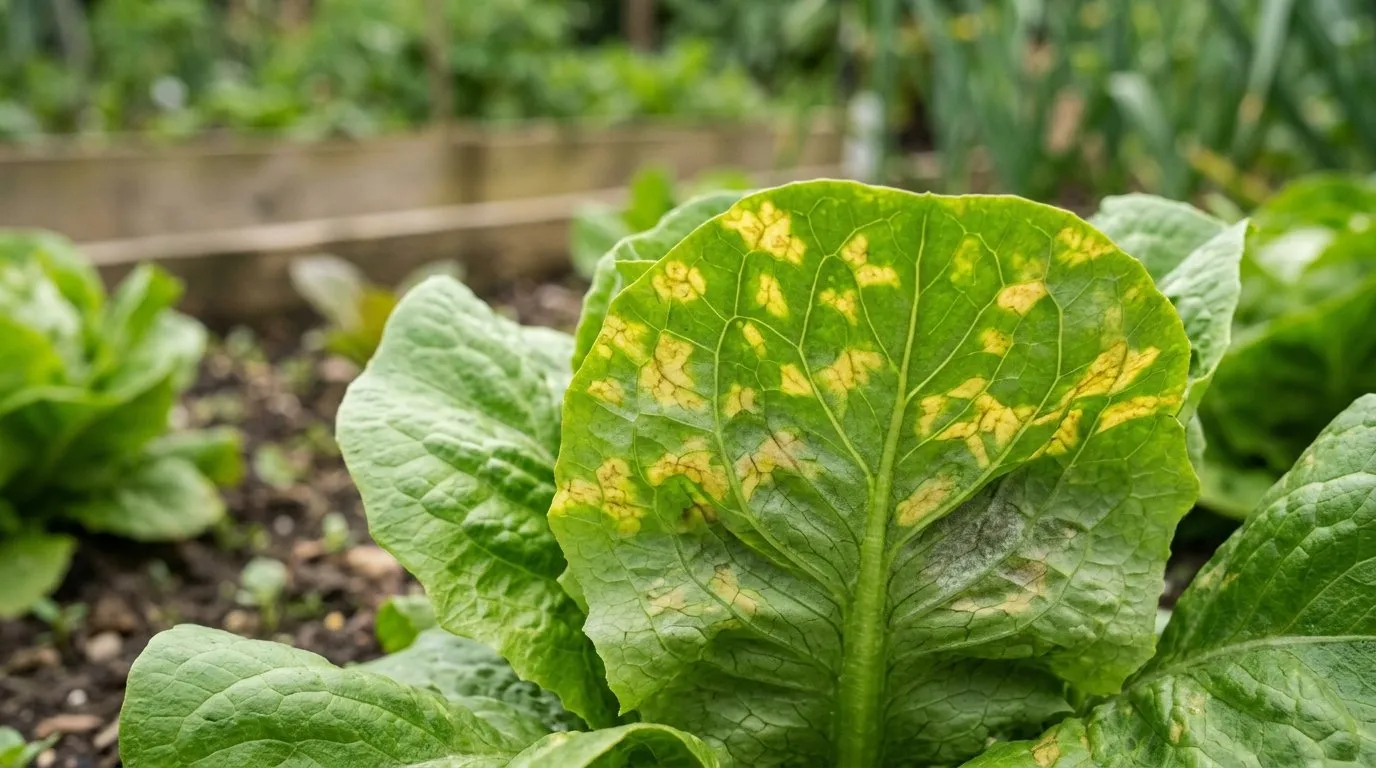 Lettuce downy mildew angular yellow patches on butterhead lettuce leaves in a UK garden