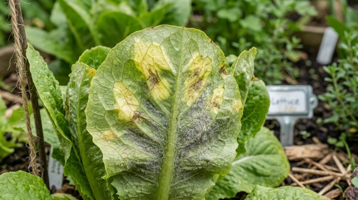 Close-up showing lettuce downy mildew causes prevention on UK garden plant for identification