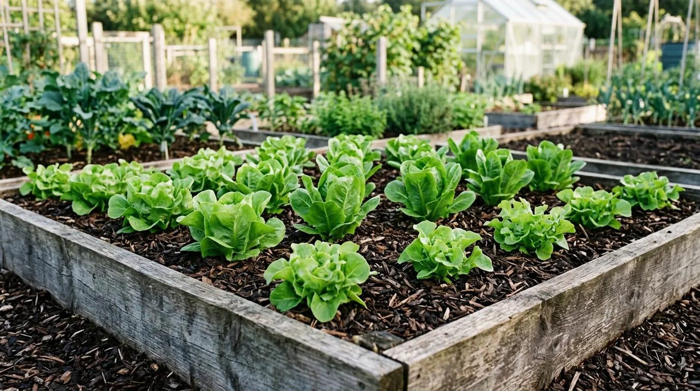 Well-spaced lettuce plants in raised beds showing proper spacing to prevent downy mildew