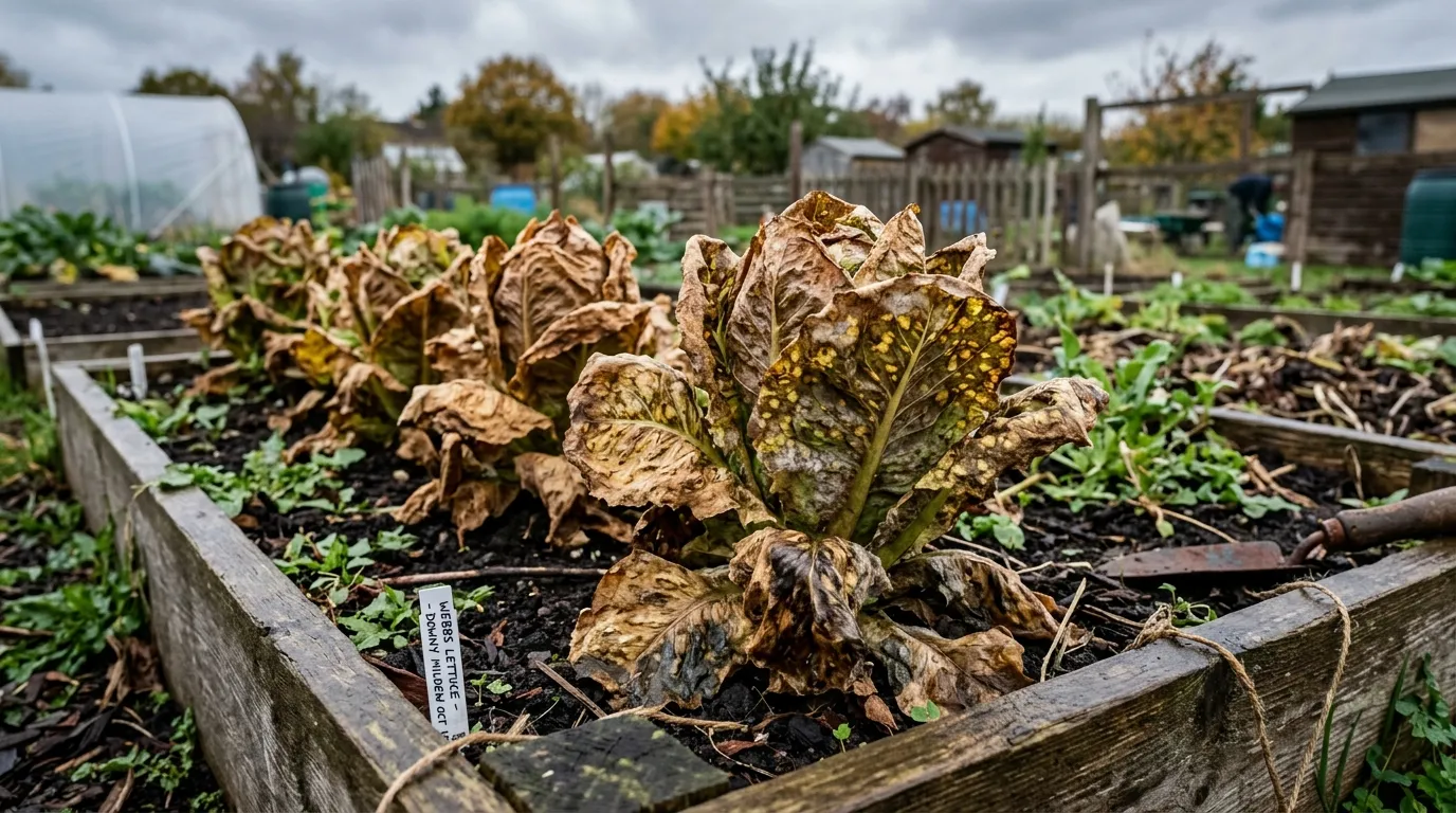 Lettuce plants severely damaged by downy mildew with brown papery leaves in a UK allotment