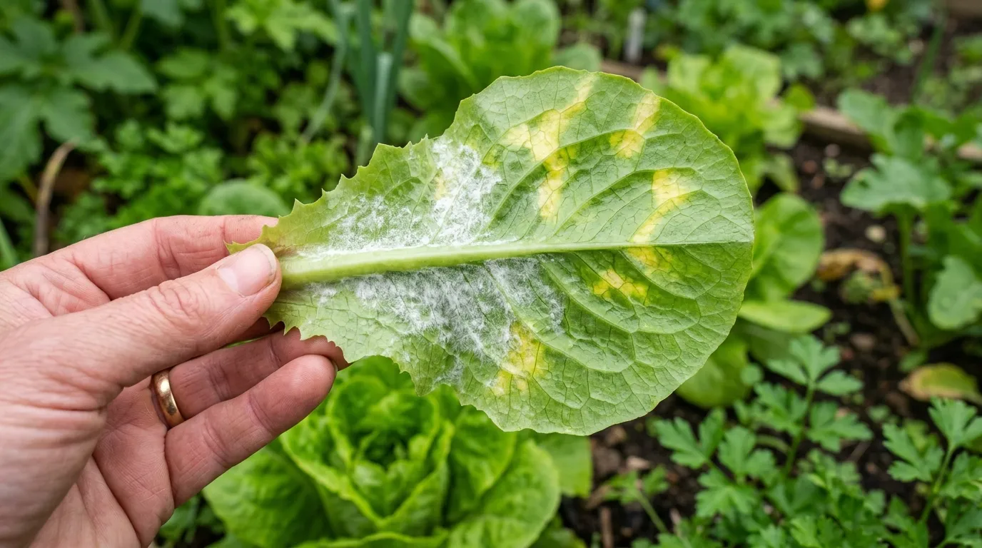 White downy sporulation growth on underside of lettuce leaf caused by Bremia lactucae
