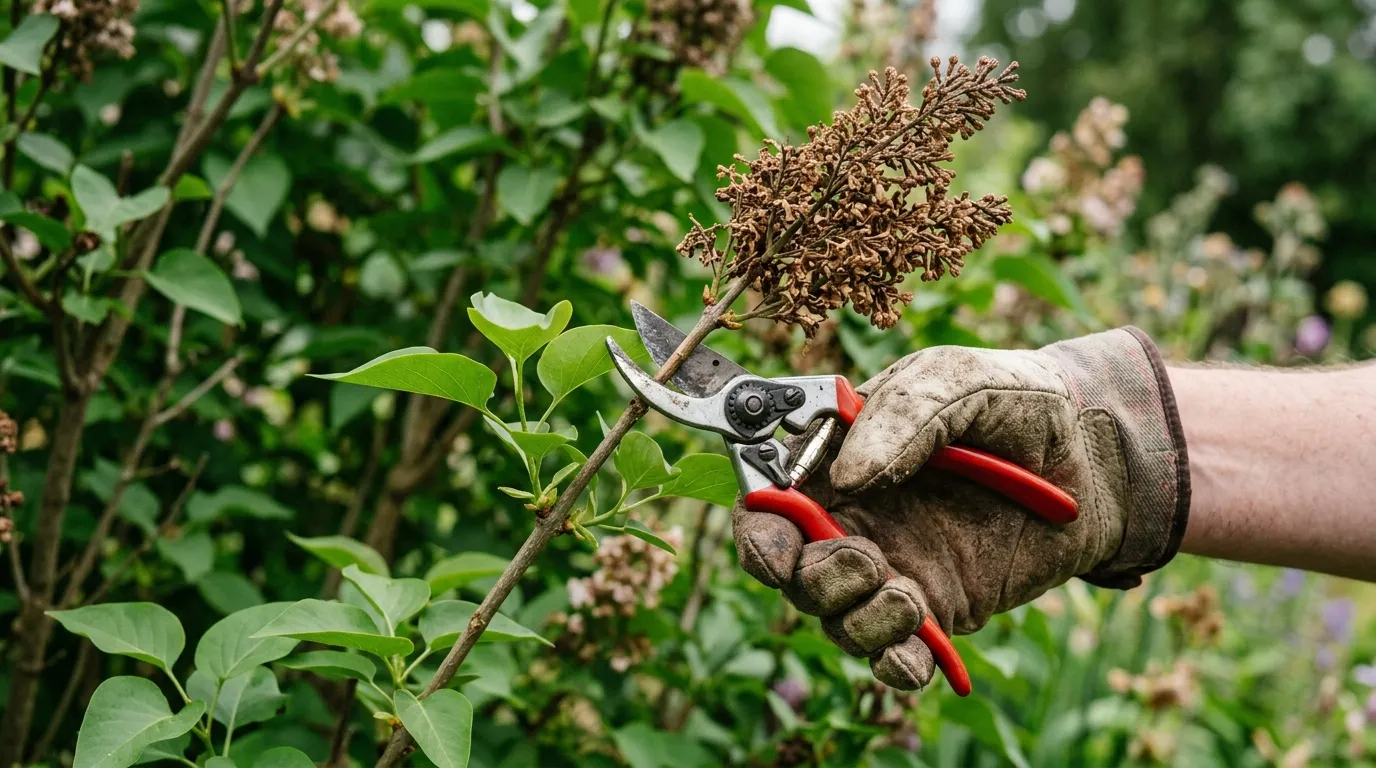 A hand using sharp bypass secateurs to deadhead a spent brown lilac panicle, cutting just above the next pair of fresh green leaves on the stem