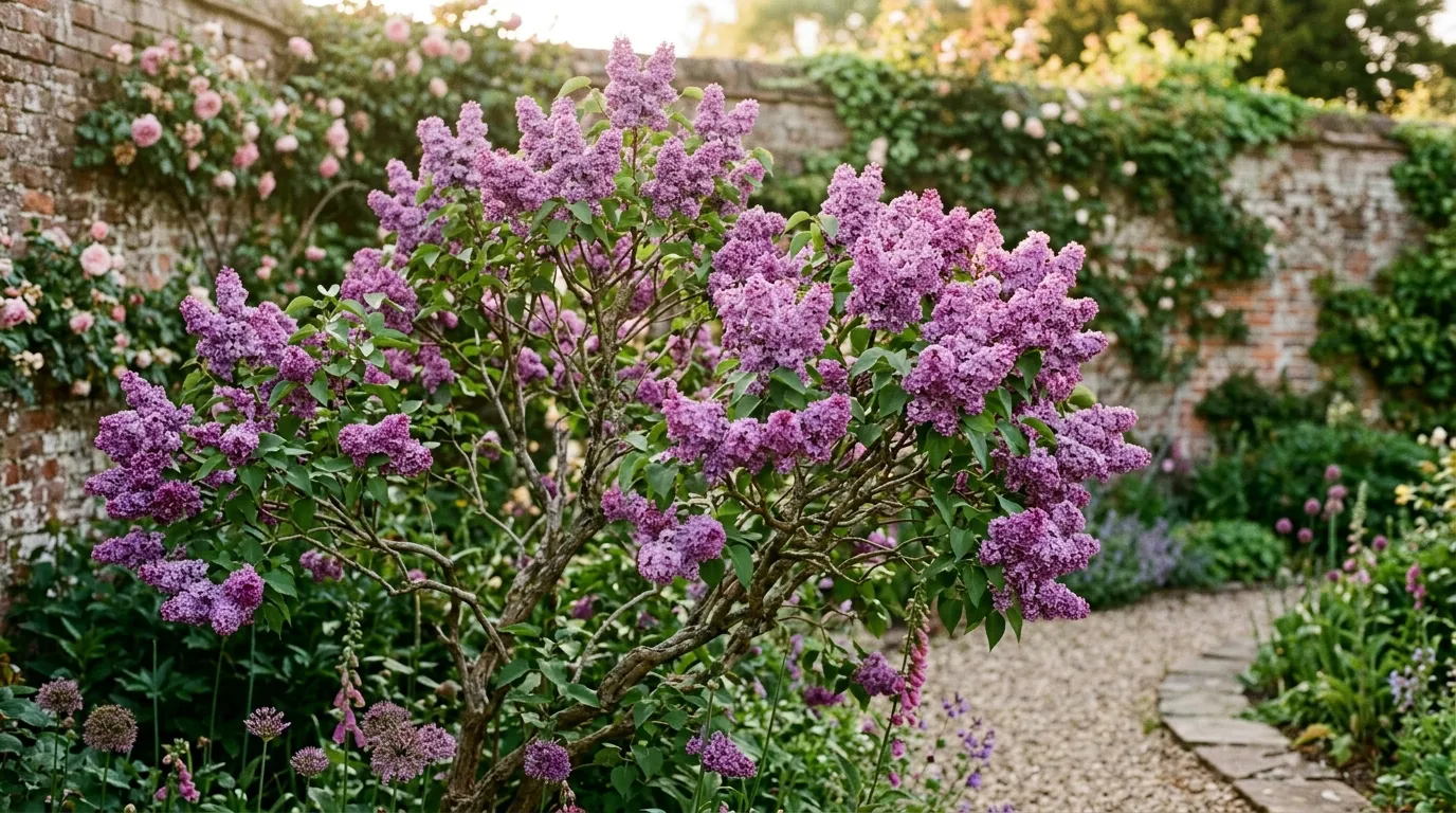 Established Syringa vulgaris common lilac in full bloom with lilac-purple panicles in a UK cottage garden in late May