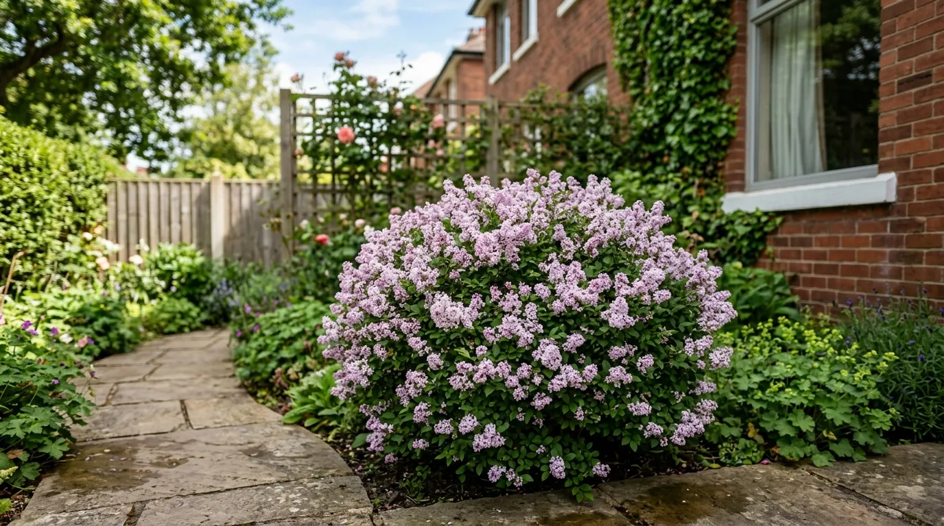 Close-up of Syringa meyeri Palibin compact dwarf lilac in flower in a UK suburban front garden with pale lilac flowers and paved path beside it